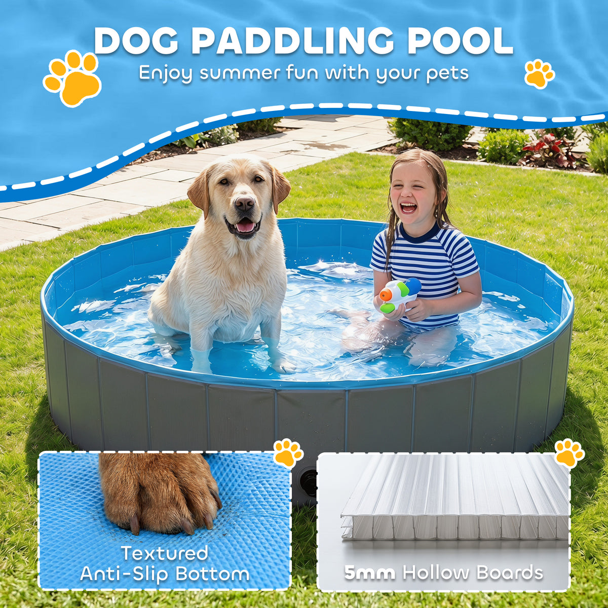 PawHut Foldable Dog Pool for Puppies and Ducks Dog Paddling Pool Bath Tub, Dark Grey, 160 x 30cm
