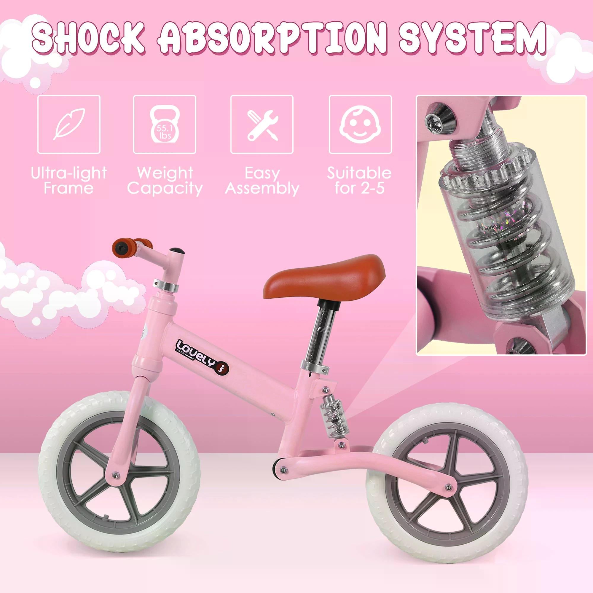 HOMCOM 12" Kids Balance Bike No Pedal Bicycle EVA Tire Adjustable Seat Toddler Training Bike W/ Shock Absorber 2 - 5 Years Gift for Boys Girls Pink