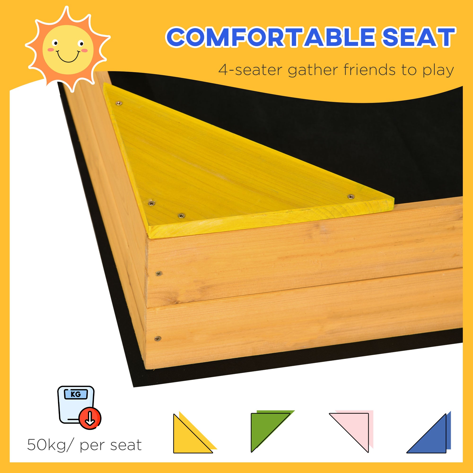 Outsunny Kids Wooden Sand Pit, Children Sandbox, with Four Seats, Non-Woven Fabric, for Gardens, Playgrounds - North Peak Garden Furniture