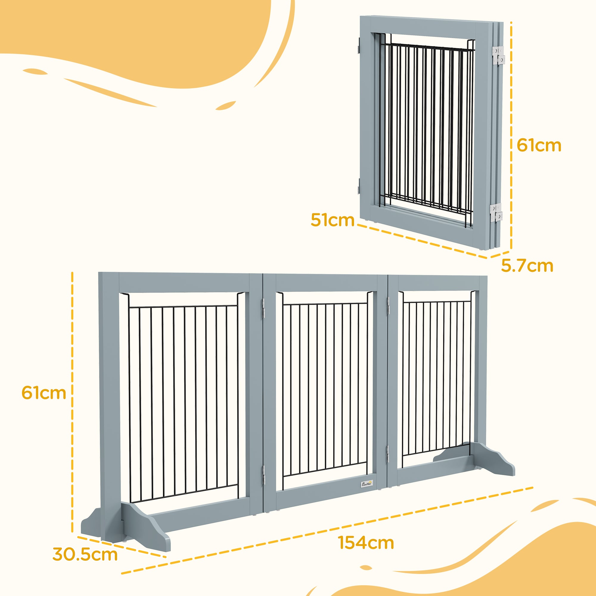 PawHut Foldable Pet Gate, with Three Panels & Two Support Feet - Grey