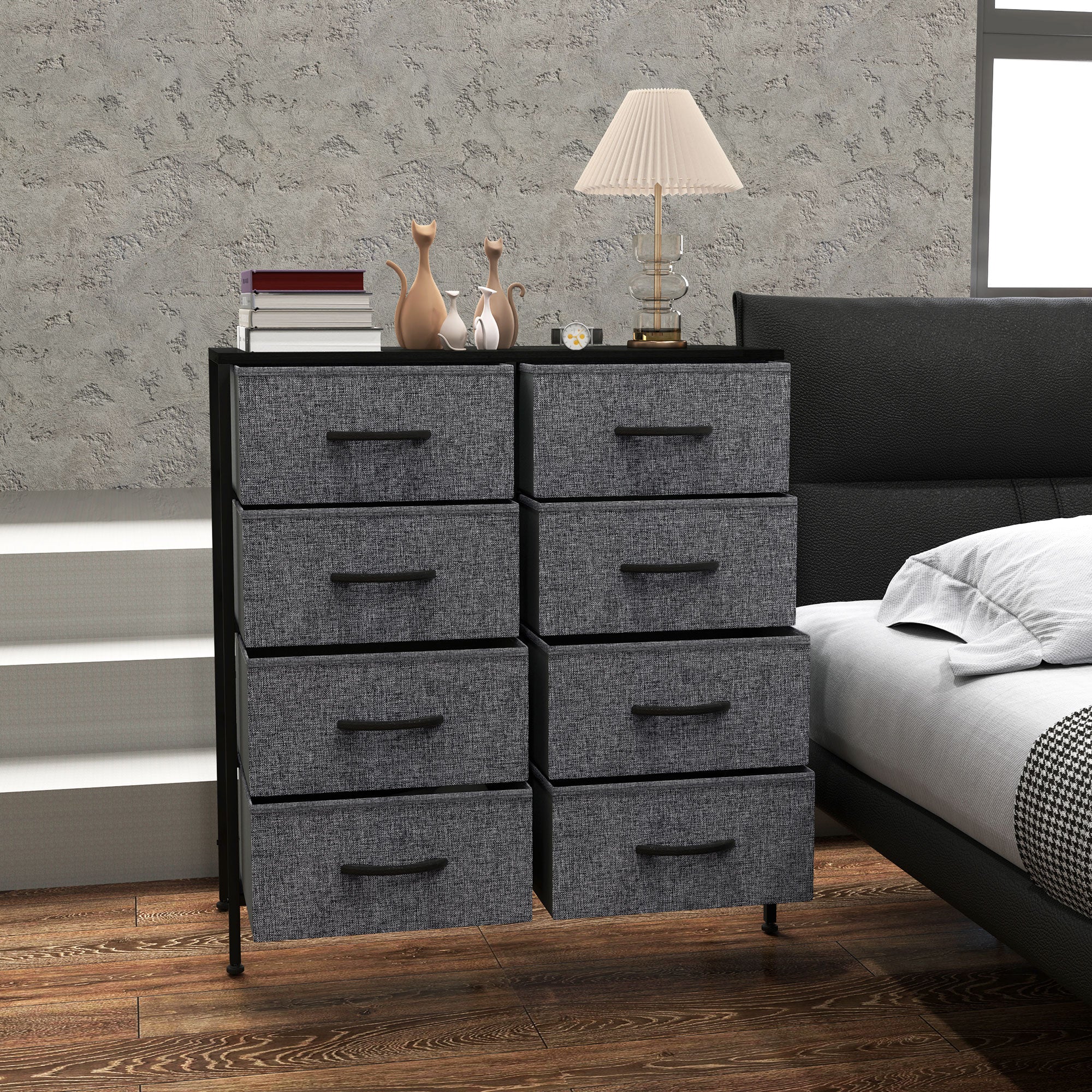 HOMCOM Fabric Chest of Drawers, Storage Drawers, Industrial Bedroom Dresser with 8 Fabric Drawers, Steel Frame and Wooden Top for Nursery, Living Room, Hallway, Black - North Peak Garden Furniture