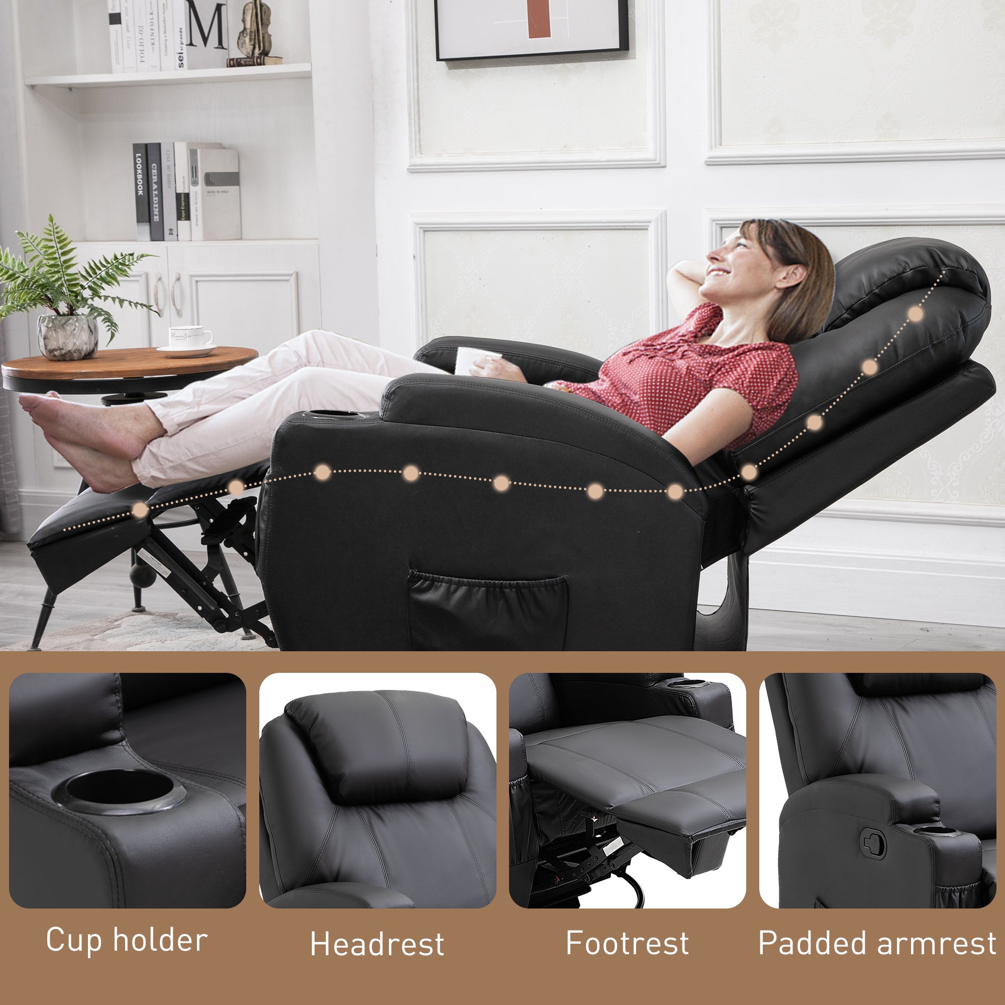 HOMCOM Recliner Armchair, Rocking Massage Swivel PU Leather Manual Reclining Chair with Adjustable Leg Rest, Drink Holders, Side Pocket, for Home Living Room Theater, Black