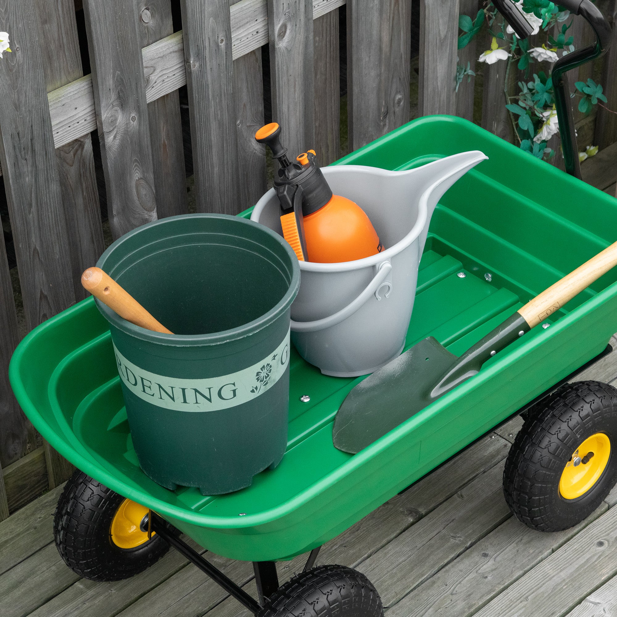 Outsunny 75 Litre Large Garden Cart Heavy Duty 4 Wheel Trolley Dump Wheelbarrow Tipping Truck Trailer - Green - North Peak Garden Furniture