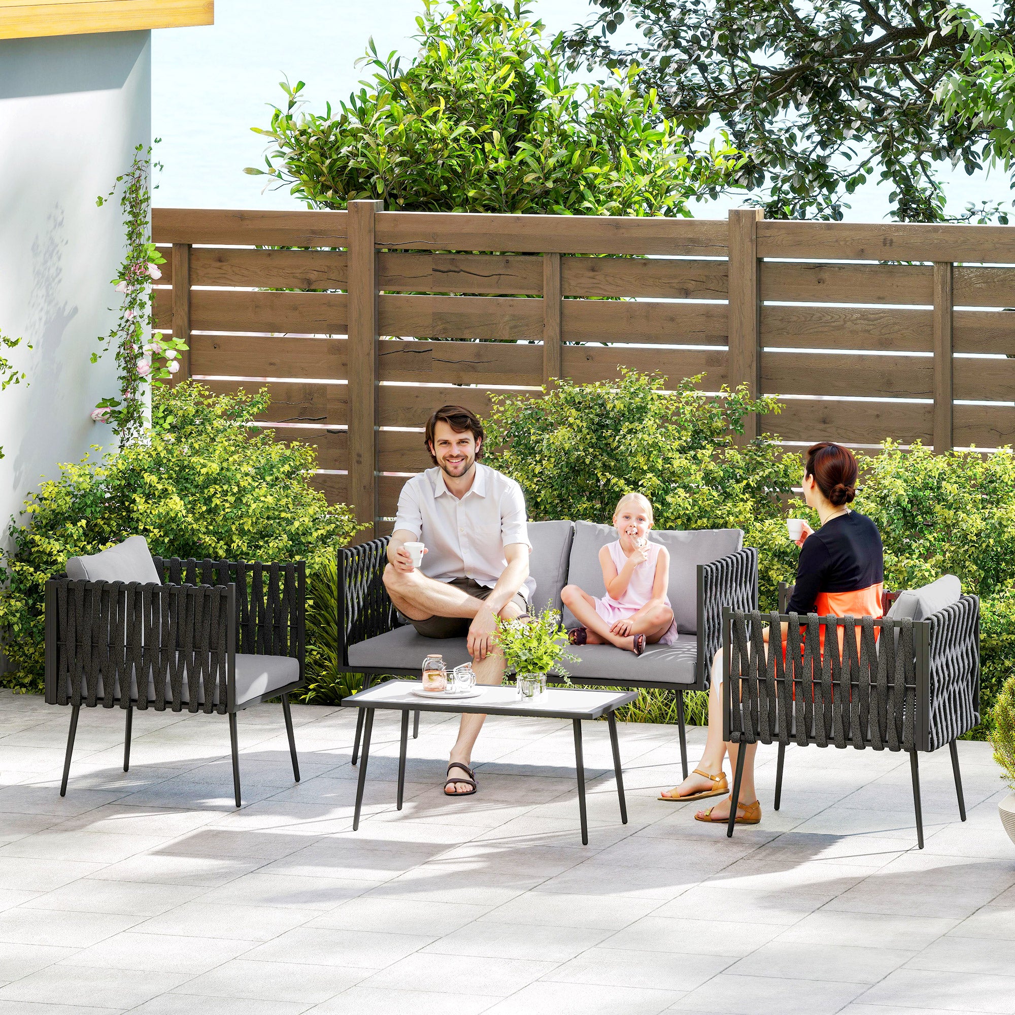 Outsunny 4-Piece Garden Furniture Set with Cushions - Light Grey - North Peak Garden Furniture