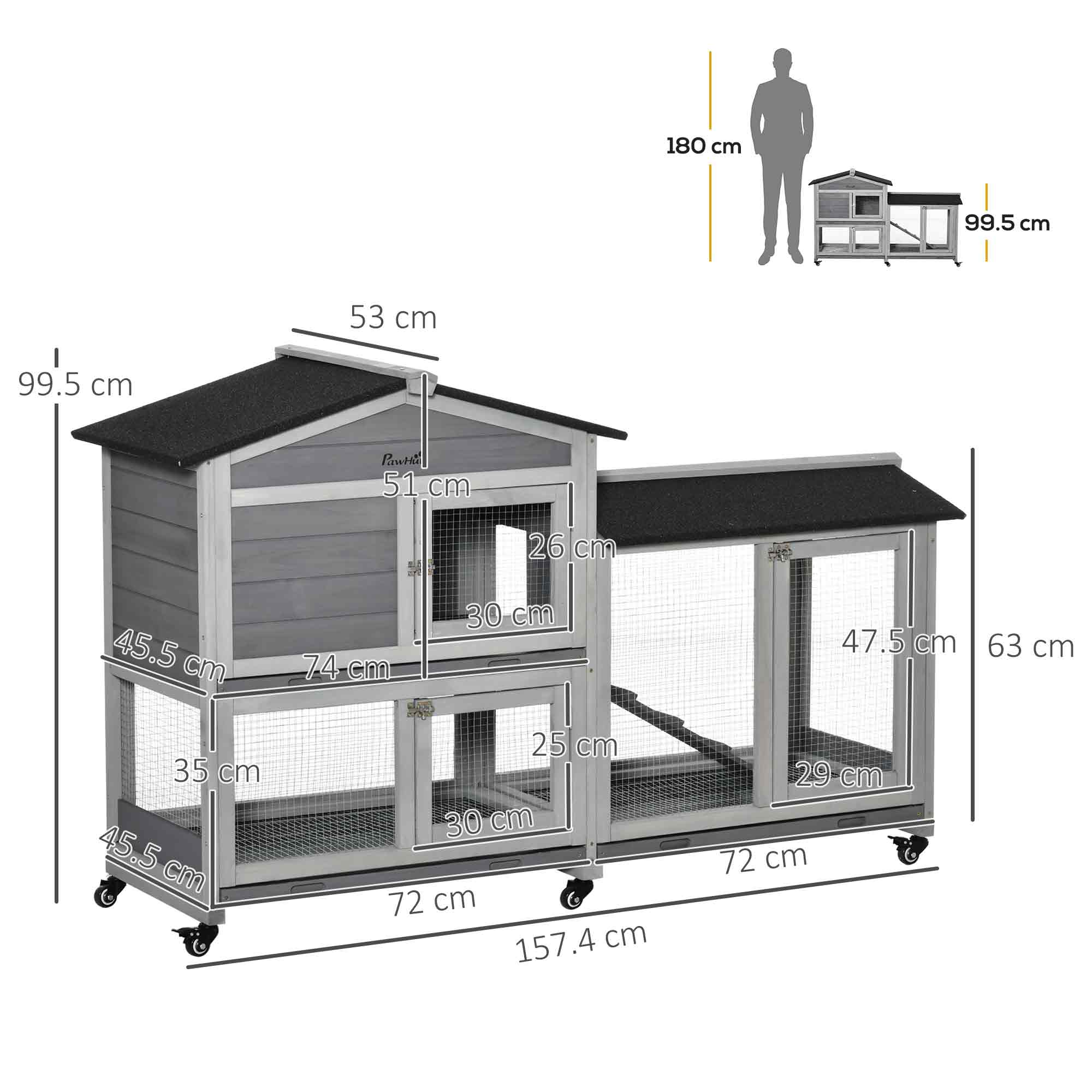 PawHut Wooden Rabbit Hutch, Guinea Pig Cage, with Wheels, Run, Slide-Out Tray, Ramp - North Peak Garden Furniture