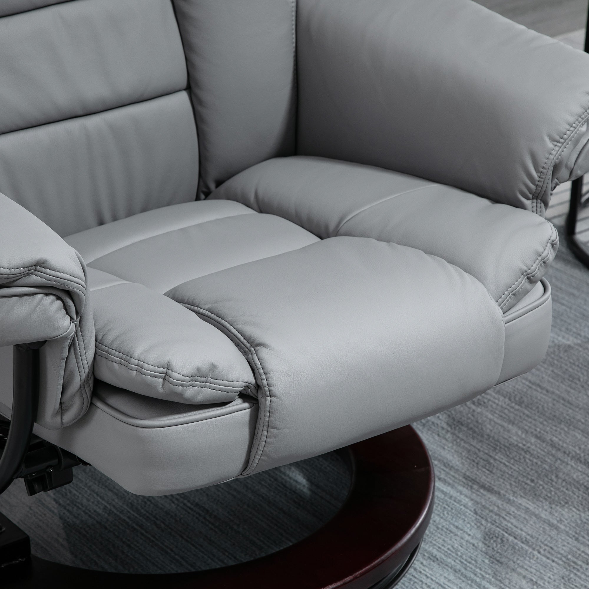 HOMCOM Manual Recliner and Footrest Set PU Leather Leisure Lounge Chair Armchair with Swivel Wood Base, Grey - North Peak Garden Furniture