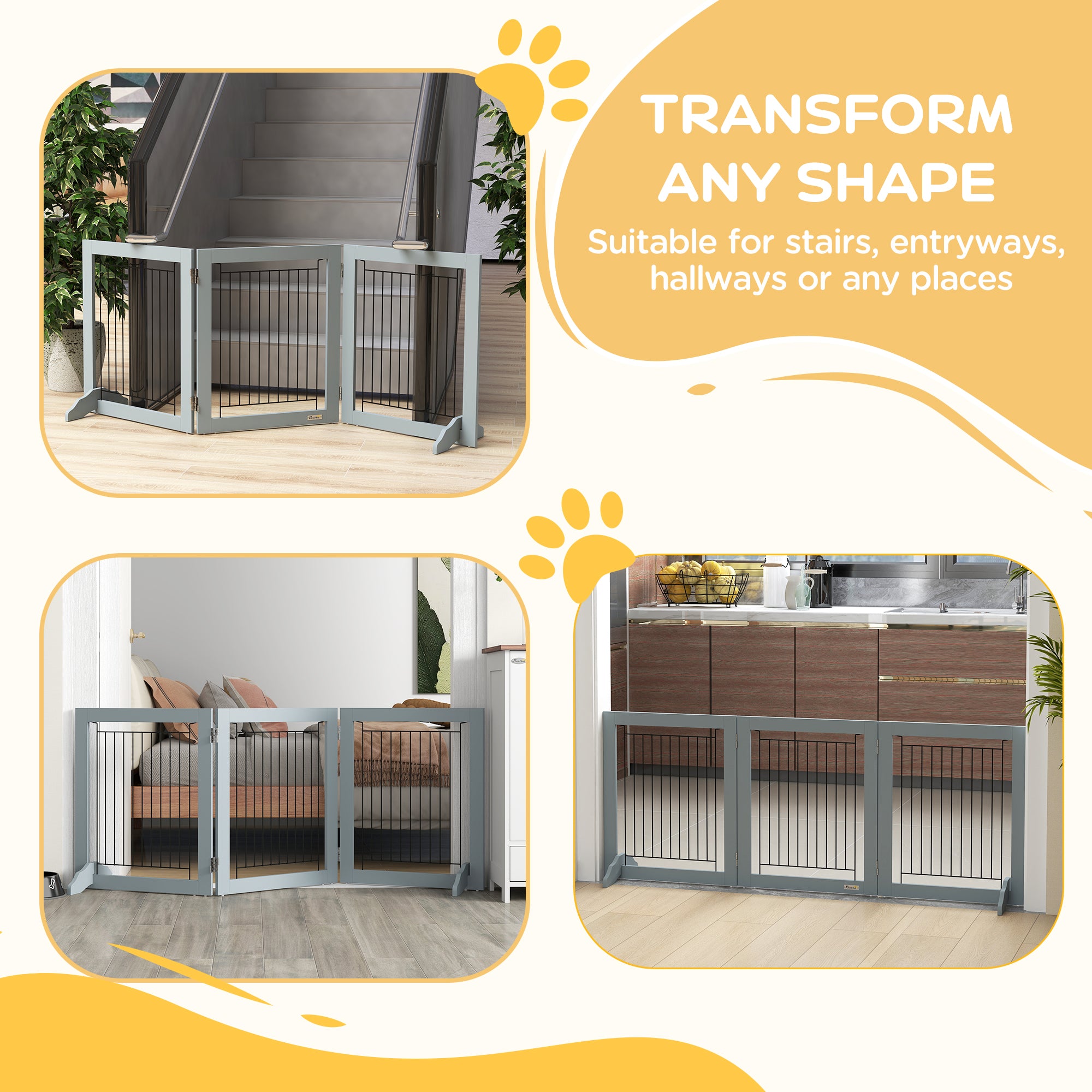 PawHut Foldable Pet Gate, with Three Panels & Two Support Feet - Grey - North Peak Garden Furniture