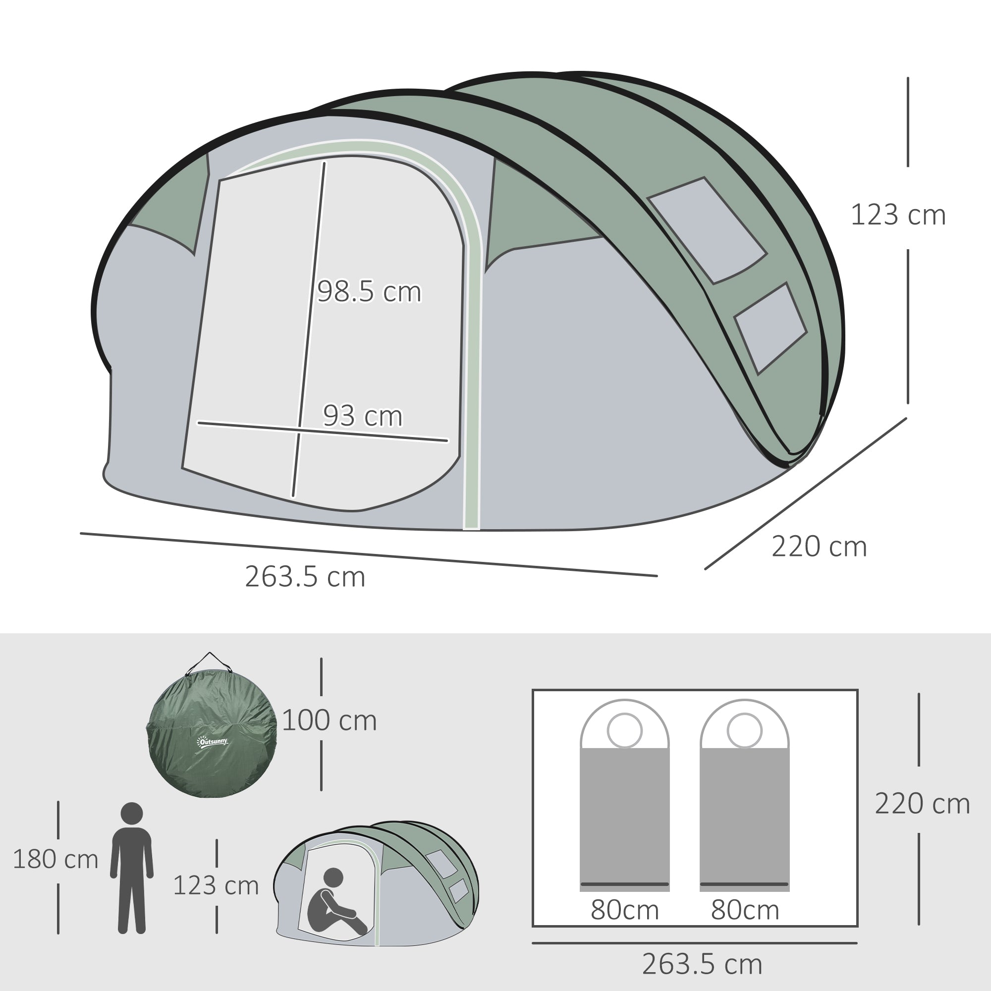 Outsunny 4-5 Person Pop-up Camping Tent Waterproof Family Tent w/ 2 Mesh Windows & PVC Windows Portable Carry Bag for Outdoor Trip, Dark Green - North Peak Garden Furniture