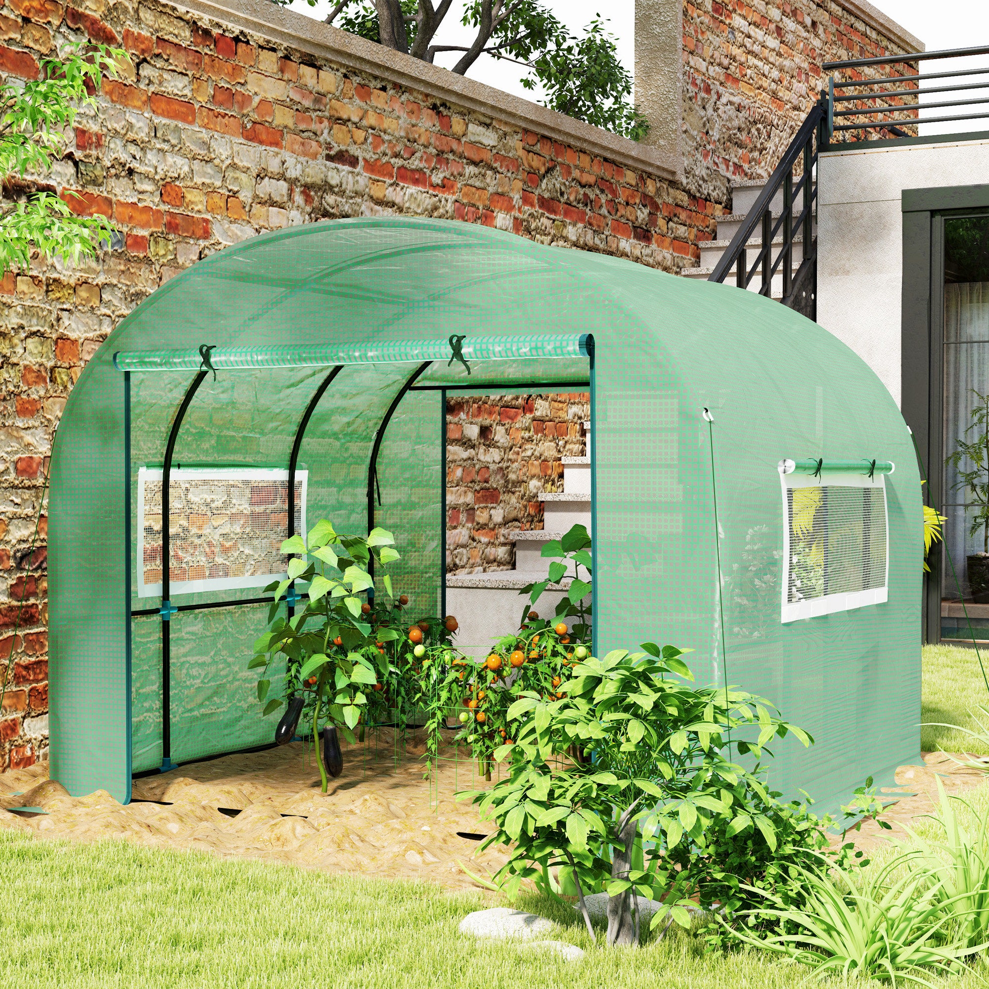 Outsunny 300 x 300cm Walk-In Polytunnel Greenhouse - Green - North Peak Garden Furniture