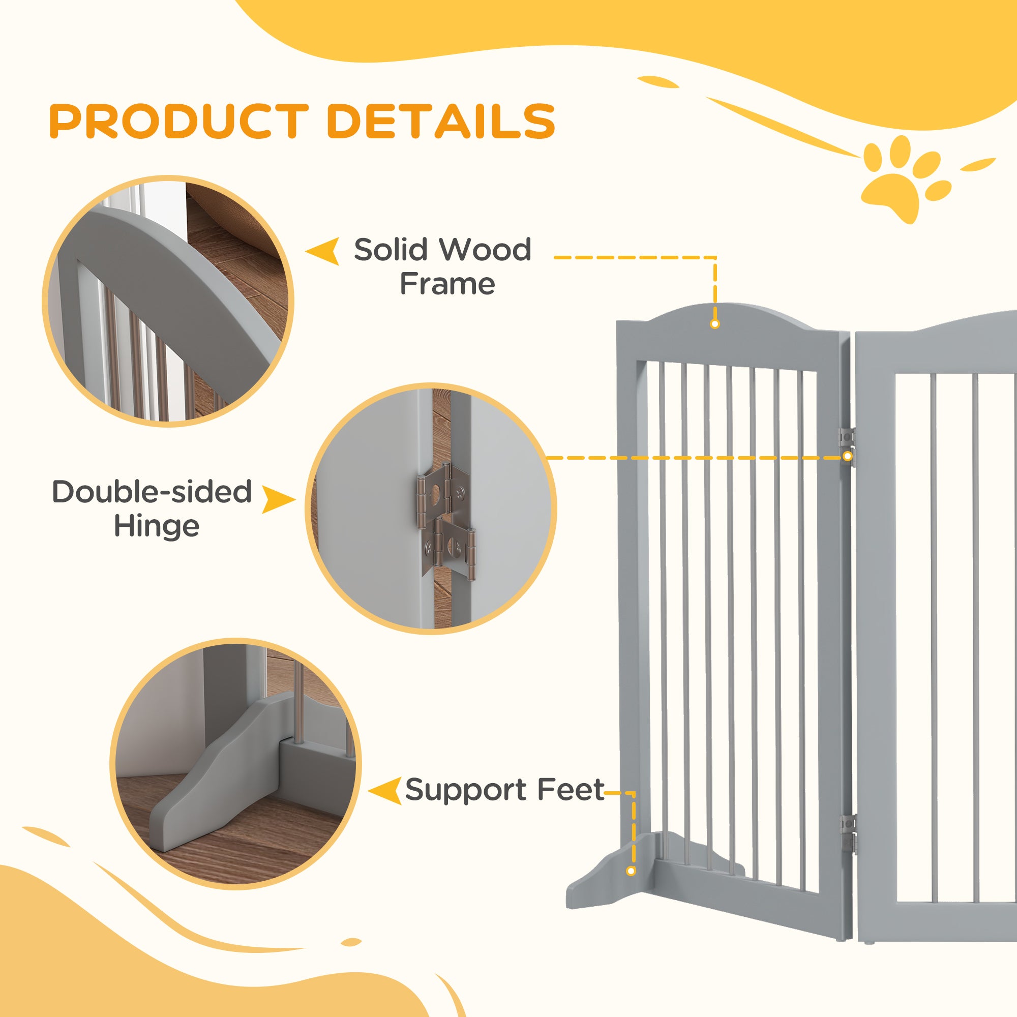 PawHut Foldable Dog Gate, Freestanding Pet Gate, with Two Support Feet, for Staircases, Hallways, Doorways - Grey - North Peak Garden Furniture
