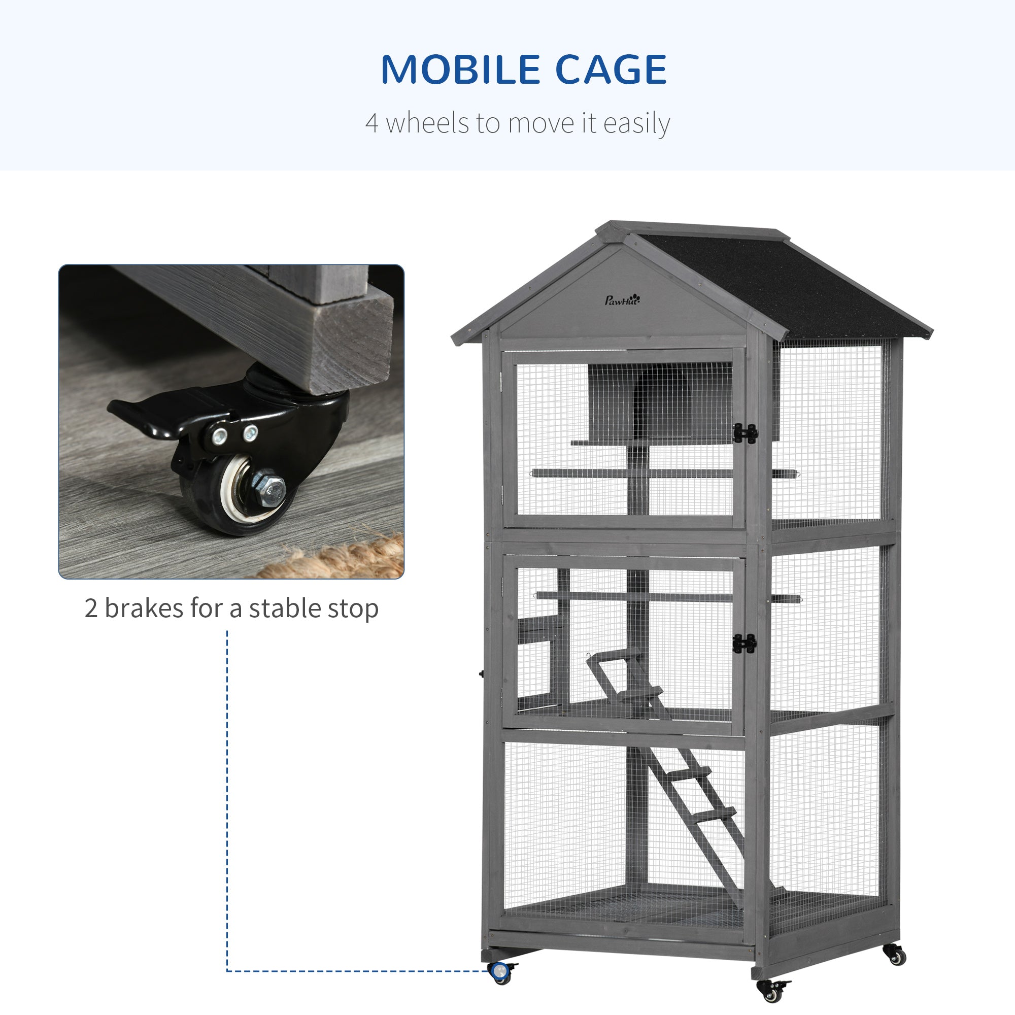 PawHut Bird Cage budgie cage Wooden Outdoor Aviary with Wheels for Canary Finch with Asphalt Roof Perch Nest Ladder Slide-out Tray, Grey - North Peak Garden Furniture
