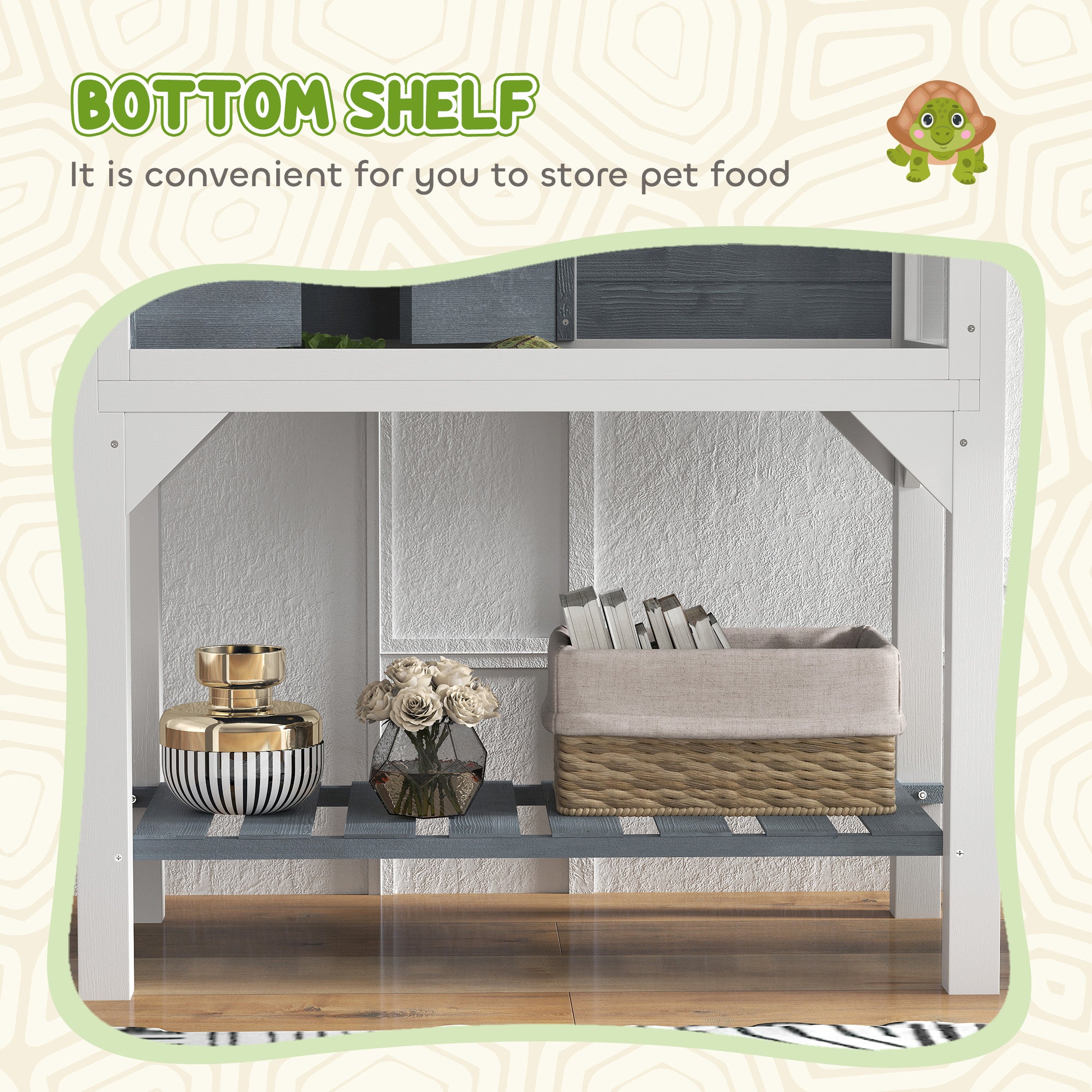 PawHut Wooden Tortoise House with Storage Shelf, Clear Observation Windows, Lamp Holder, Openable Top, Built-in Tray, Grey