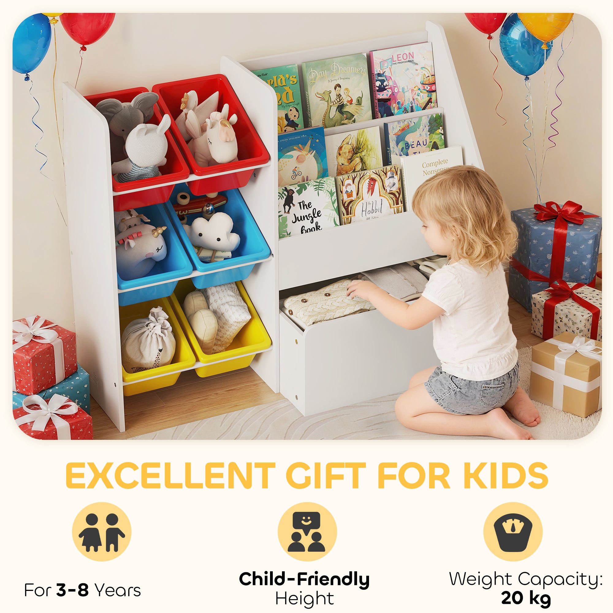 AIYAPLAY Toy Storage Unit, 3-Tier Toy Organiser Shelf with 6 Removable Storage Bins for Bedroom, Nursery, Multicolour