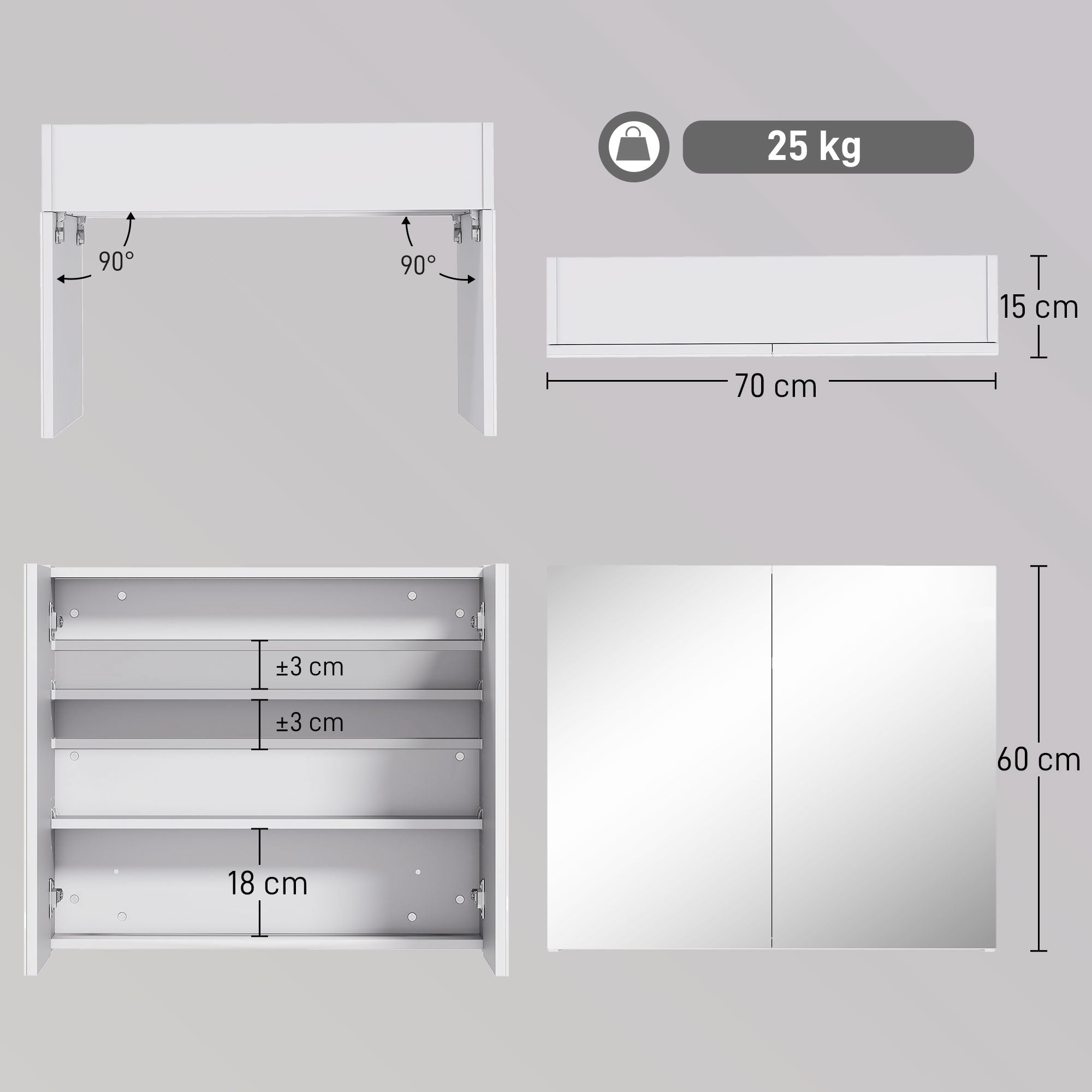 HOMCOM Mirror Cabinet, Wall Mount Bathroom Storage Cabinet with Adjustable Shelf, Double Door Cupboard, 70 x 15 x 60 cm, White