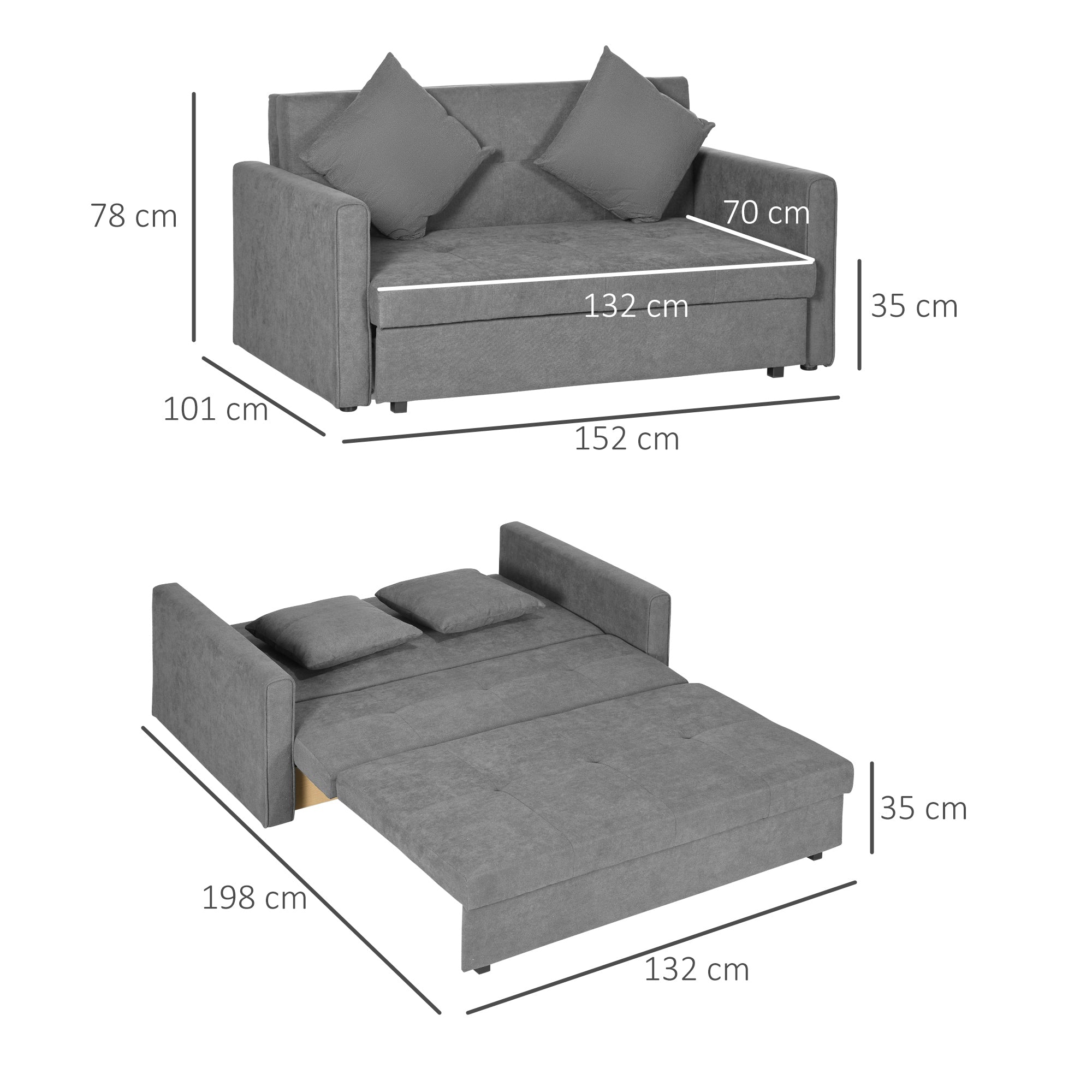HOMCOM 2 Seater Sofa Bed, Convertible Bed Settee, Modern Fabric Loveseat Sofa Couch with 2 Cushions, Hidden Storage for Living Room, Guest Room, Light Grey - North Peak Garden Furniture