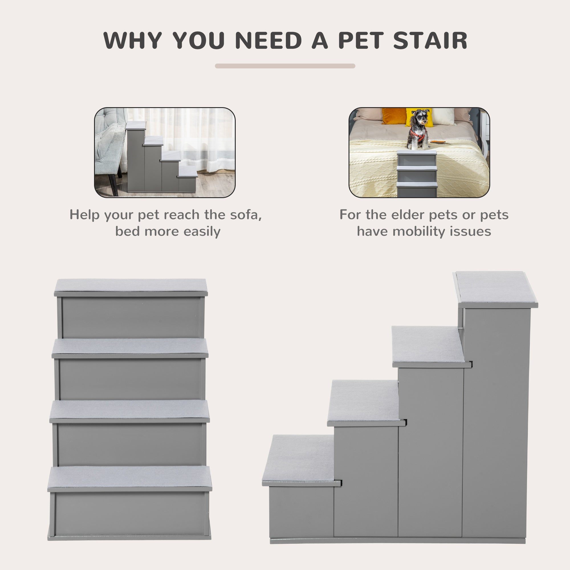 PawHut 4 Step Wooden Dog Steps Pet Stairs for Dogs, Cat Ladder for Bed Couch with Non-Slip Carpet 40 x 59 x 54.2 cm, Grey - North Peak Garden Furniture