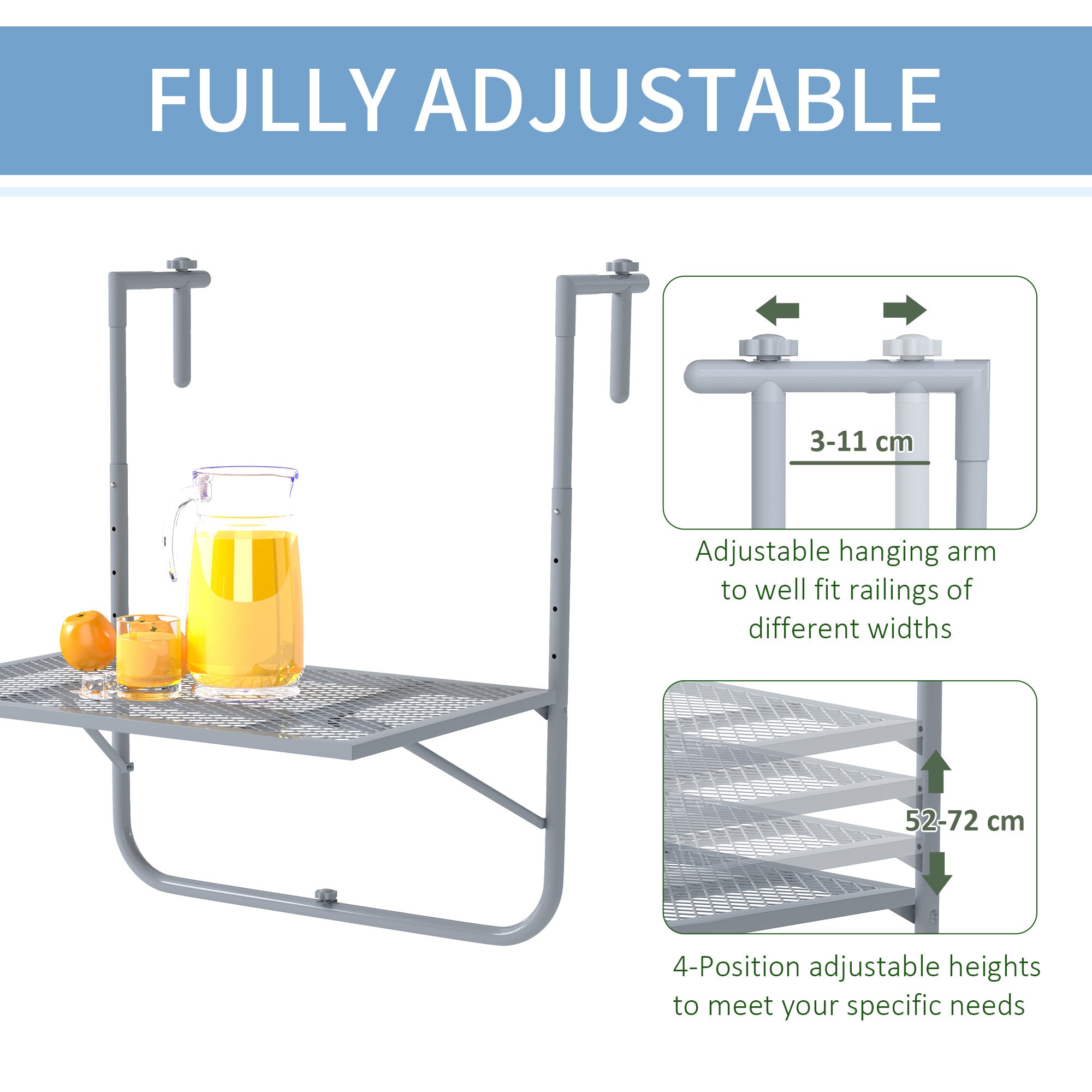 Outsunny Balcony Hanging Table, Metal Wall Mount Desk, Adjustable Folding Balcony Deck Table for Patio and Garden, Grey - North Peak Garden Furniture