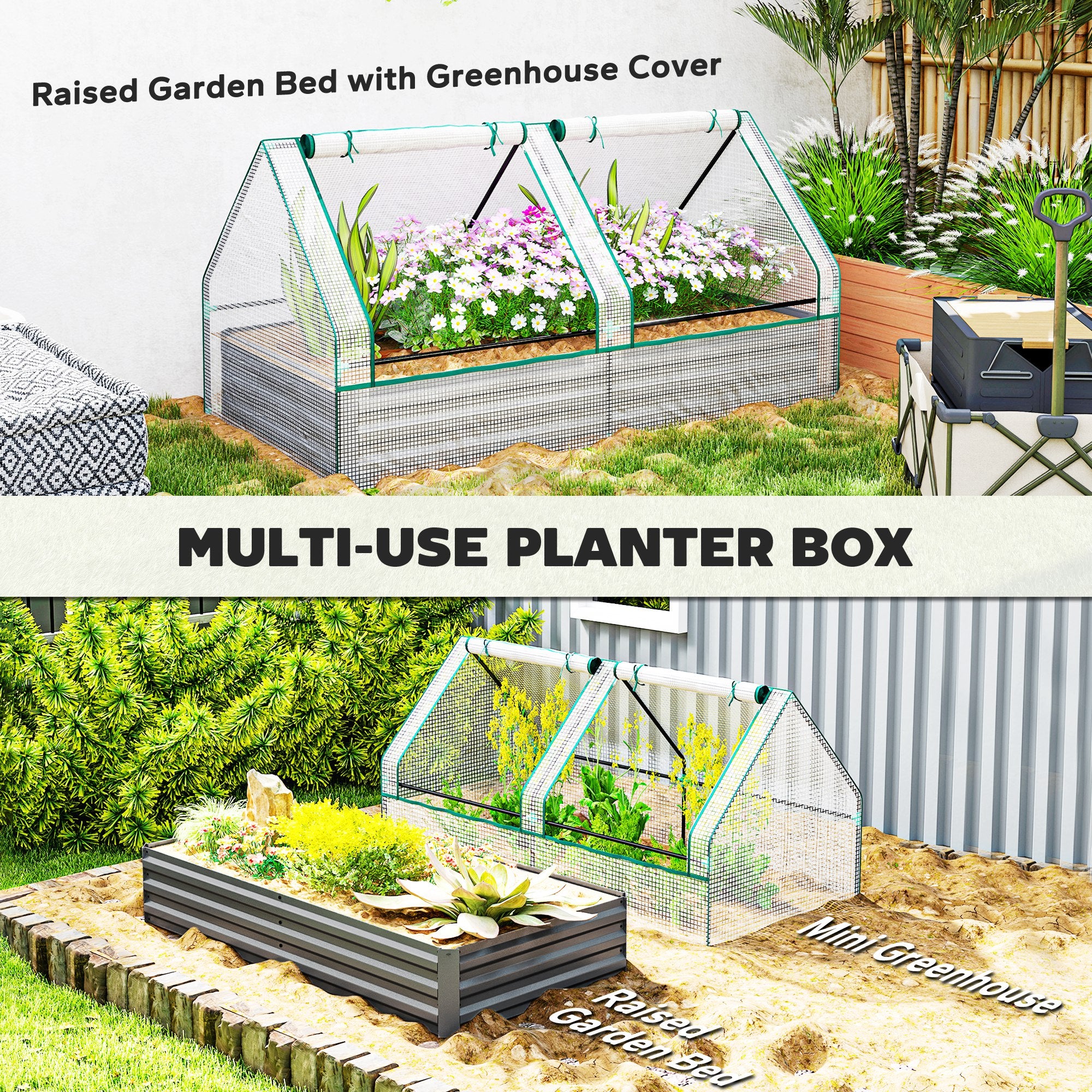 Outsunny Metal Planter Box with Cover, Raised Garden Bed with Greenhouse, for Herbs and Vegetables, White and Dark Grey - North Peak Garden Furniture