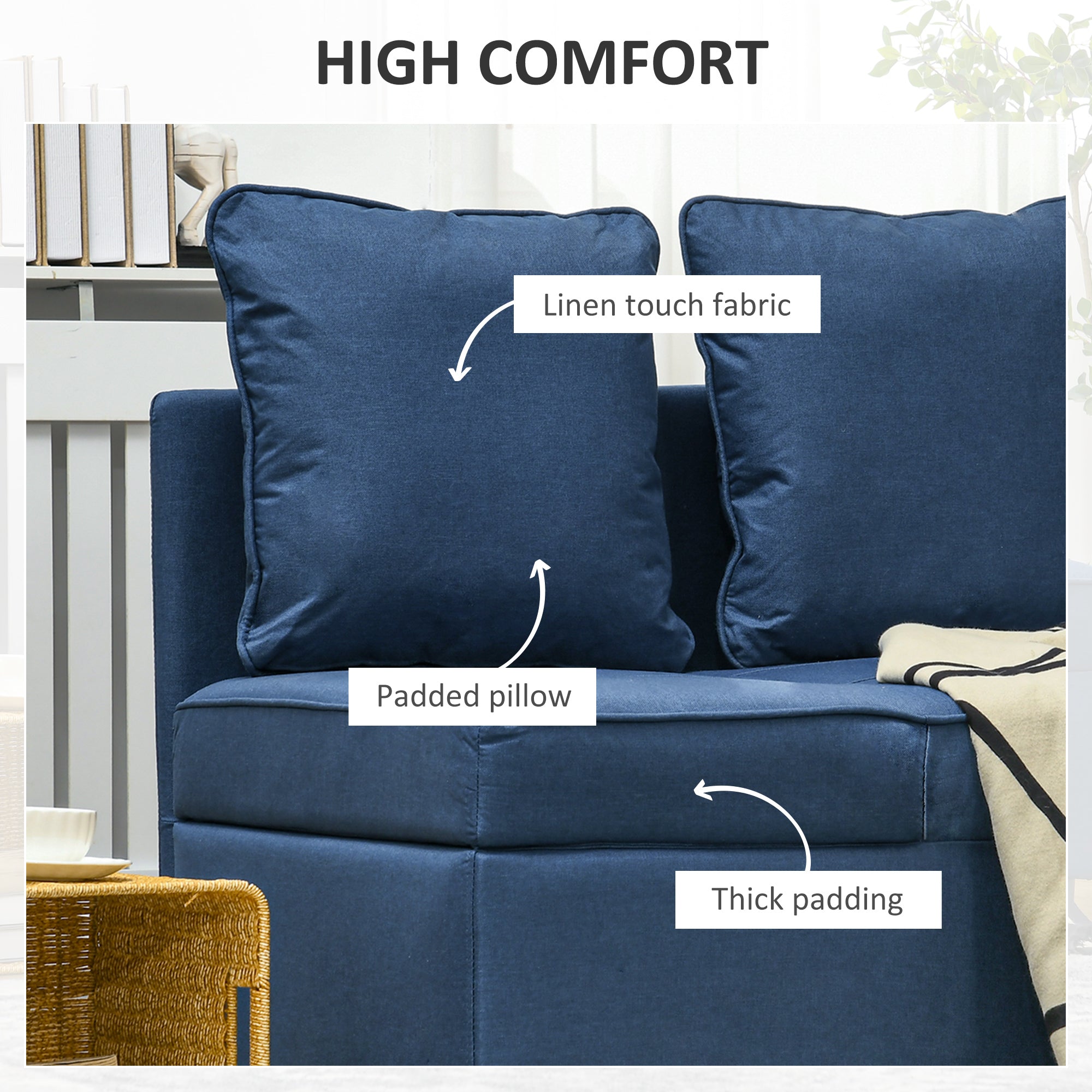 HOMCOM Convertible Single Sofa Bed with Thick Padded Seat, 3-in-1 Multi-Functional Sleeper Chair Bed with Magazine Pocket, for Living Room, Blue - North Peak Garden Furniture