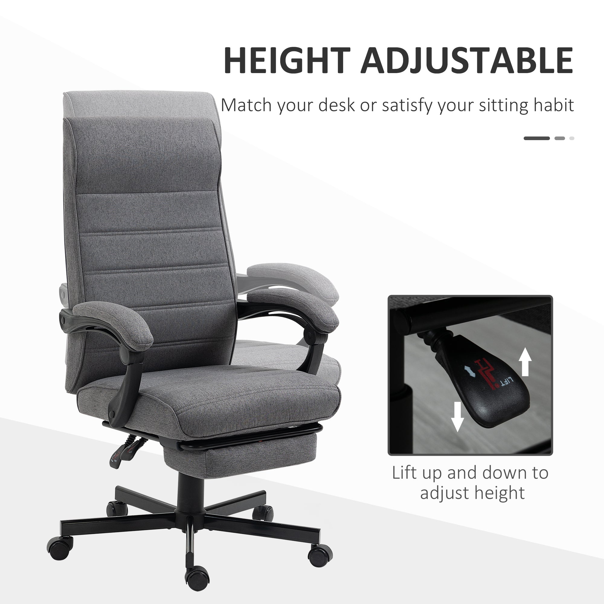 Vinsetto Office Chair, Computer Desk Chair, Fabric Swivel Chair with Adjustable Height and Rolling Wheels for Home Office Work Study, Grey - North Peak Garden Furniture