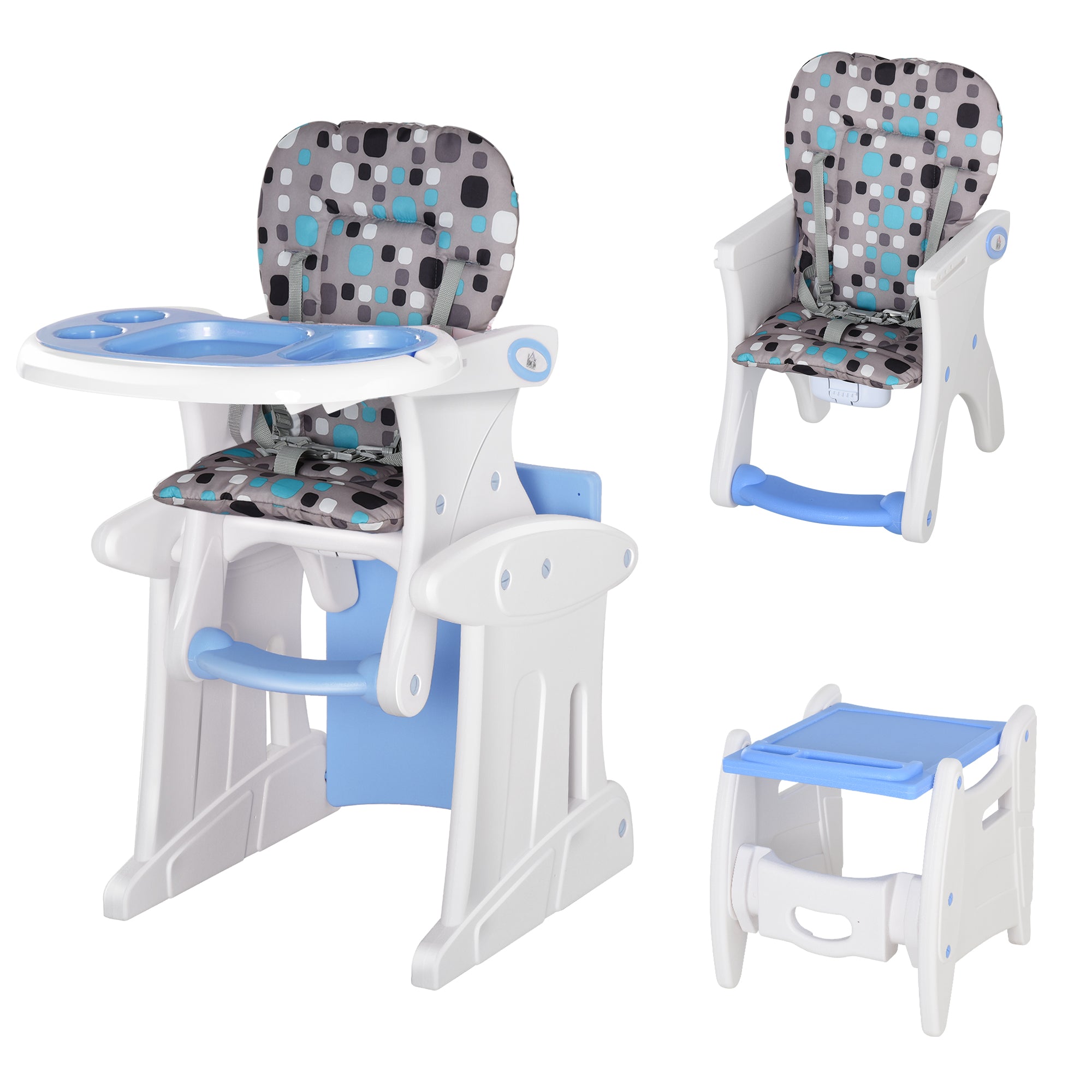 HOMCOM 2 in 1 Convertible Baby High Chair Toddler Table Chair Infant Feeding Seat Removable Food Tray Safety Harness Blue - North Peak Garden Furniture