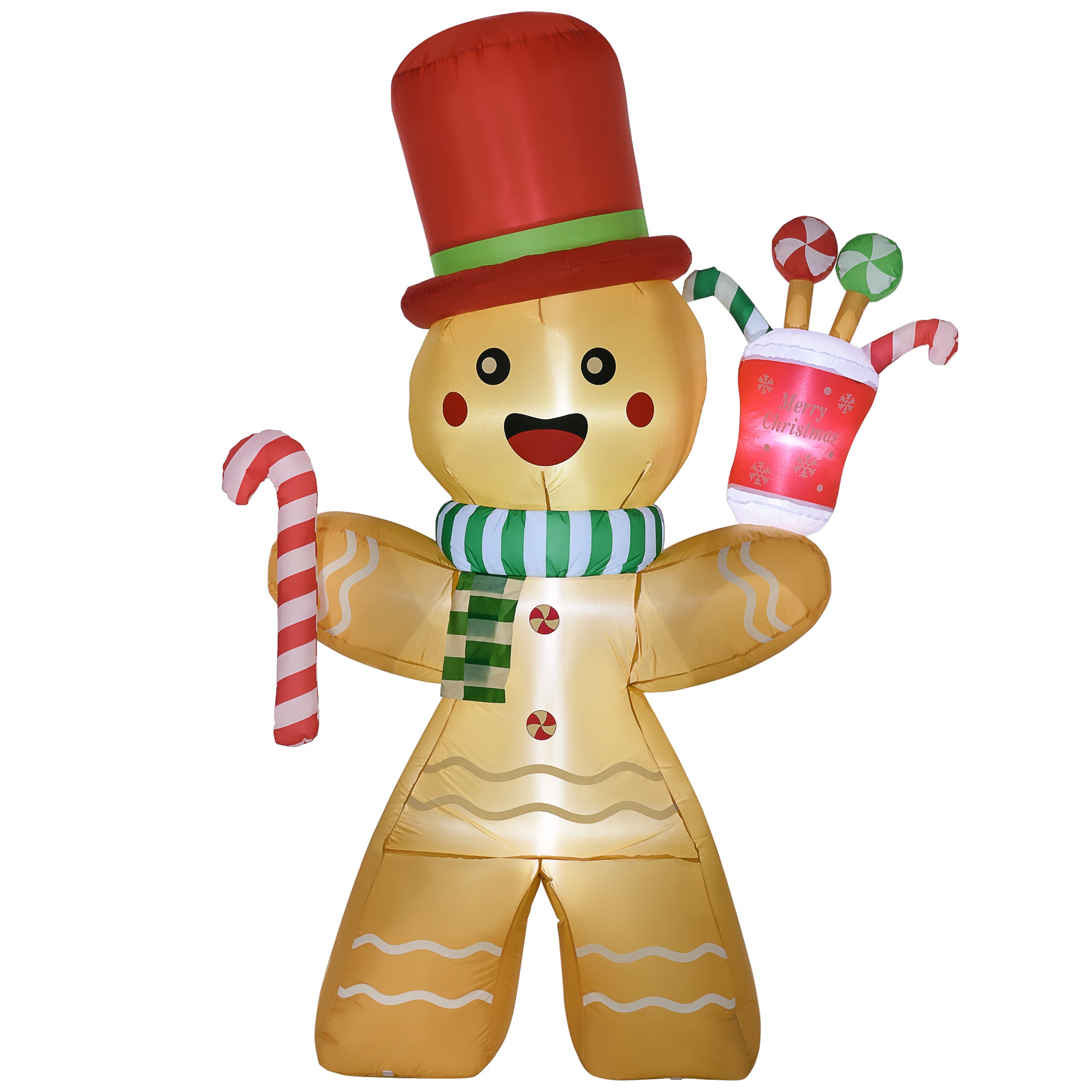 HOMCOM 7.5ft Christmas Inflatable Gingerbread Man with Candy Cane and LED Lights, Blow-Up Outdoor LED Garden Display for Lawn, Party - North Peak Garden Furniture