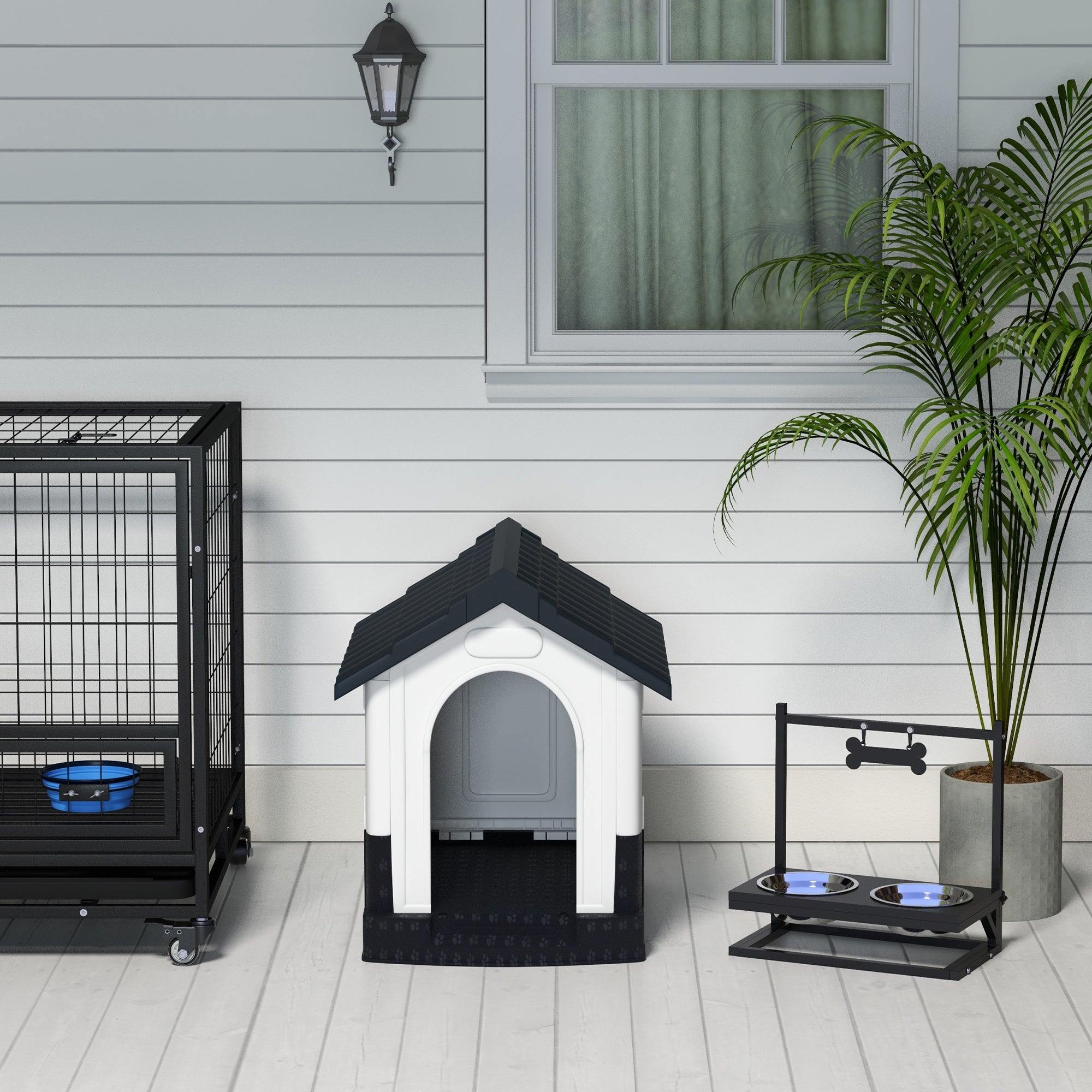 PawHut Plastic Dog Kennel with Windows, for Garden Patio, Miniature Dogs, 64.5 x 57 x 66cm - Grey - North Peak Garden Furniture
