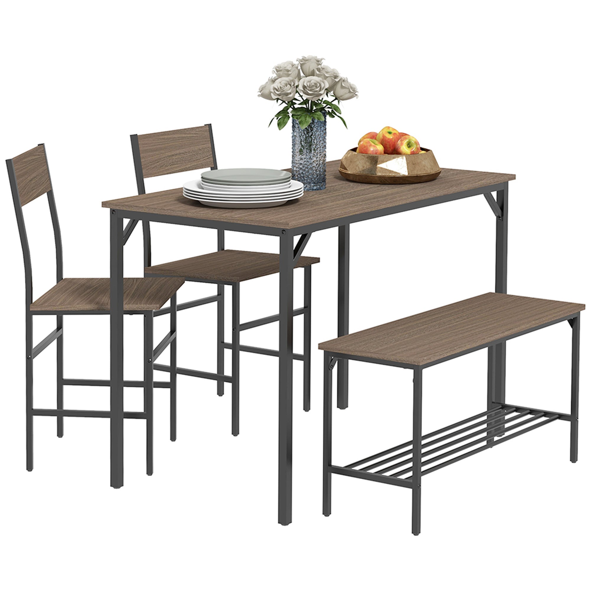 HOMCOM Four-Piece Dining Set, With Table, Chairs and Bench - North Peak Garden Furniture