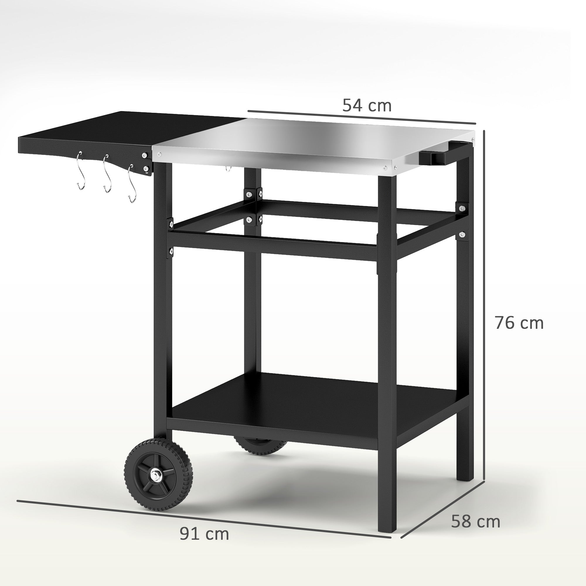 Outsunny BBQ Trolley with Stainless Steel Top and Foldable Side Table, Outdoor Kitchen BBQ Station with Hooks and Shelf, Pizza Oven Table Movable Outdoor Grill Dining Cart with Cover, Black - North Peak Garden Furniture