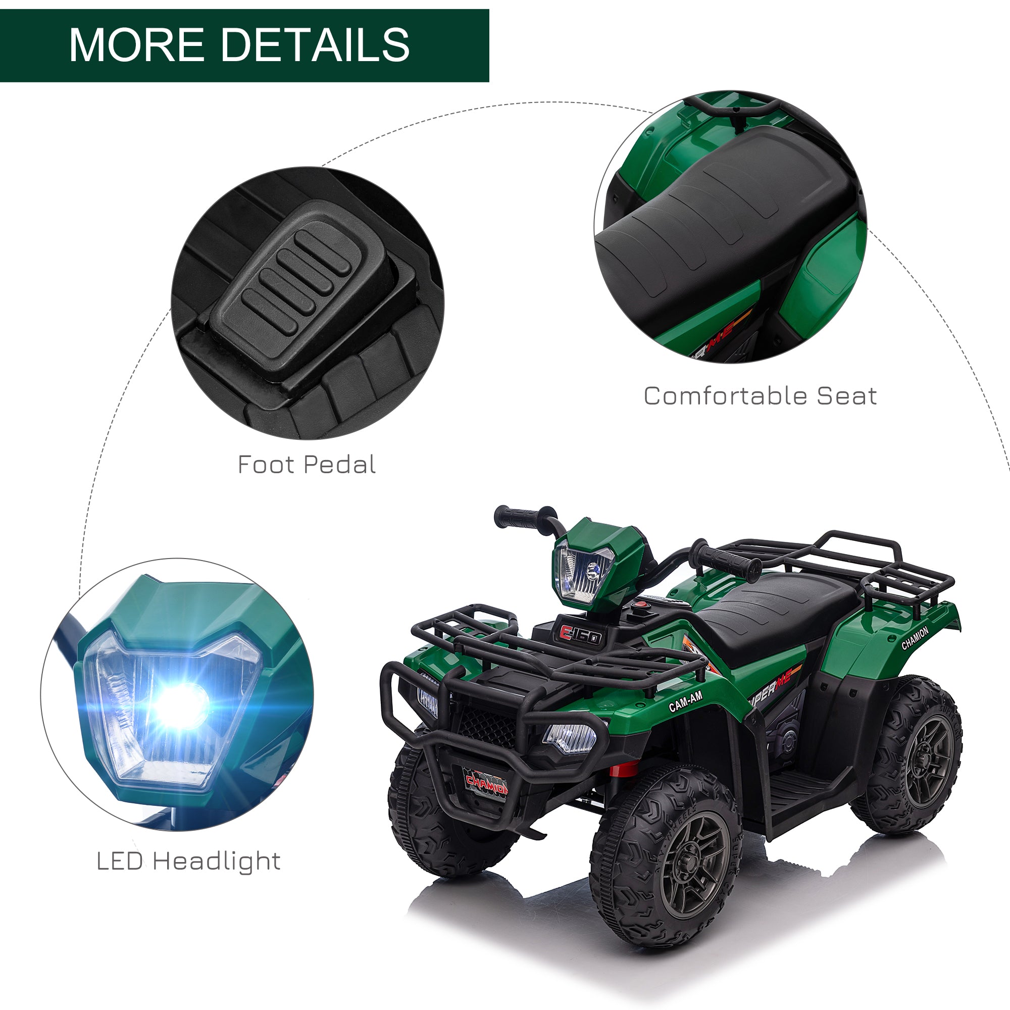 HOMCOM 12V Kids Quad Bike with Forward, Reverse Functions, Ride-On ATV w/ Music, LED, Headlights, for Ages 3-5 Years - Green - North Peak Garden Furniture