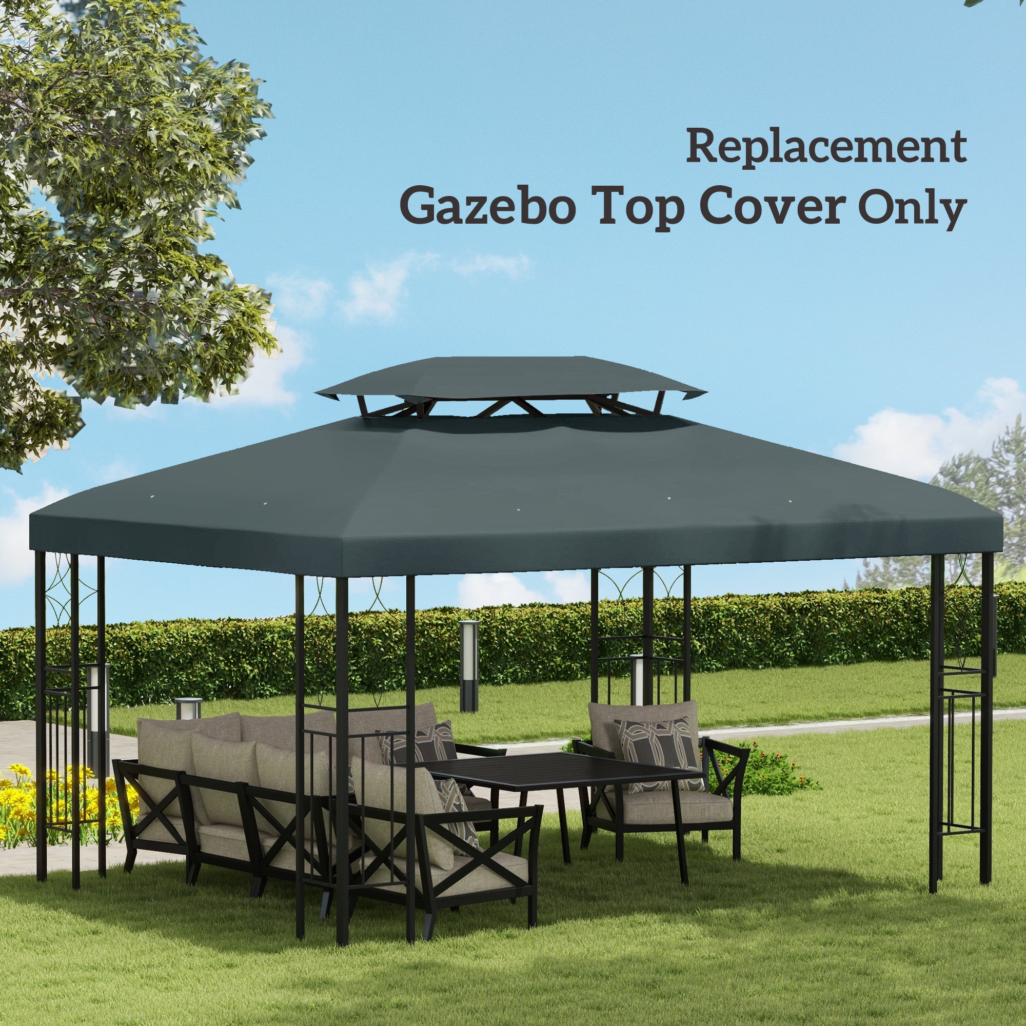 Outsunny 3x4m Gazebo Canopy Replacement Cover, 2 Tier Top Roof UV Cover Garden Patio Outdoor Sun Awning Shelters, Charcoal Grey (TOP COVER ONLY) - North Peak Garden Furniture