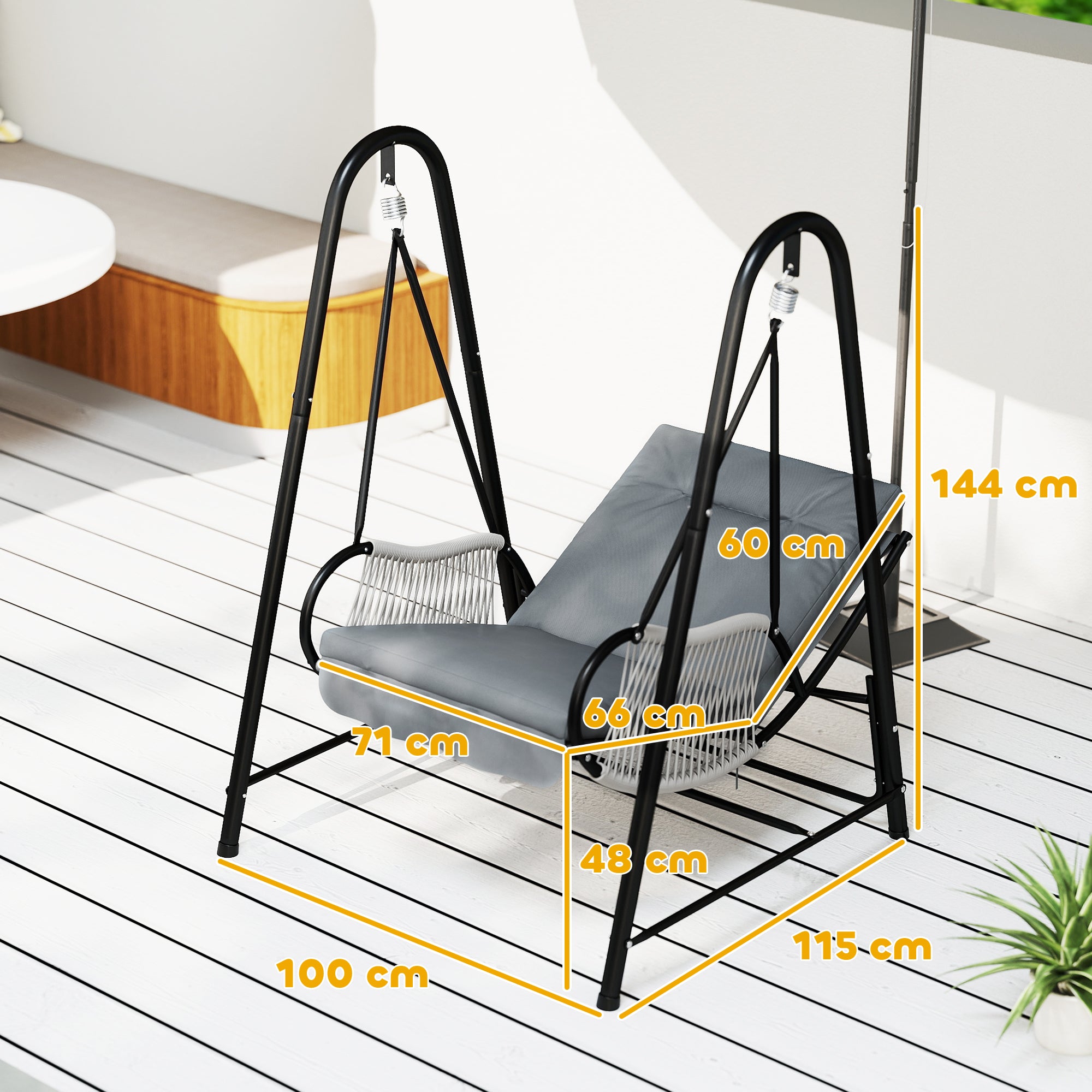 Outsunny Rattan Swing Chair, Outdoor Garden Hanging Swing Seat with Stand and Seat Cushion, Porch Hanging Chair for Balcony, Garden, Deck, Light Grey - North Peak Garden Furniture