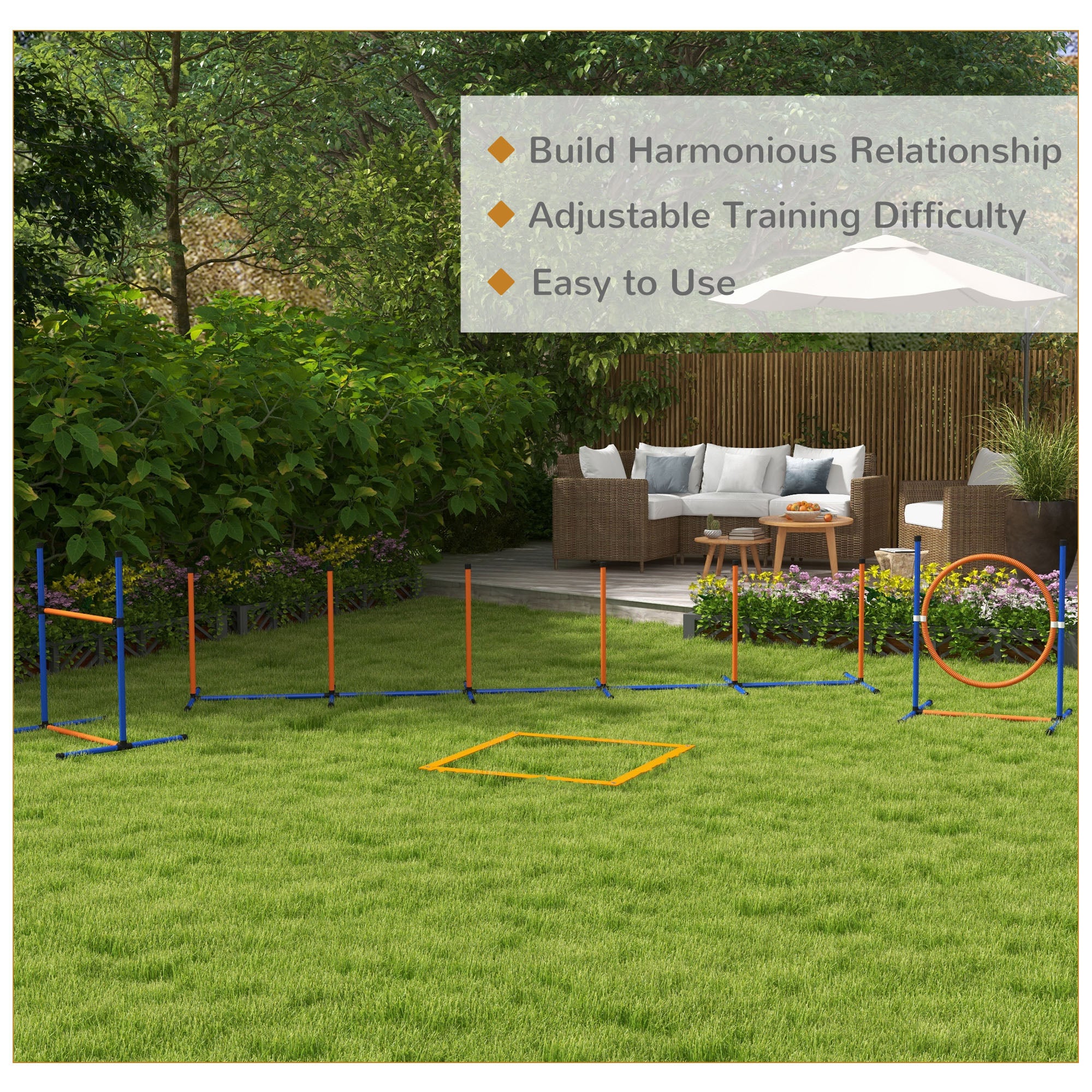 PawHut Eight-Piece Dog Agility Equipment Set with Weave Poles, Jump Ring, Hurdle, Pause Box, Training Shorts, Bag, Orange - North Peak Garden Furniture