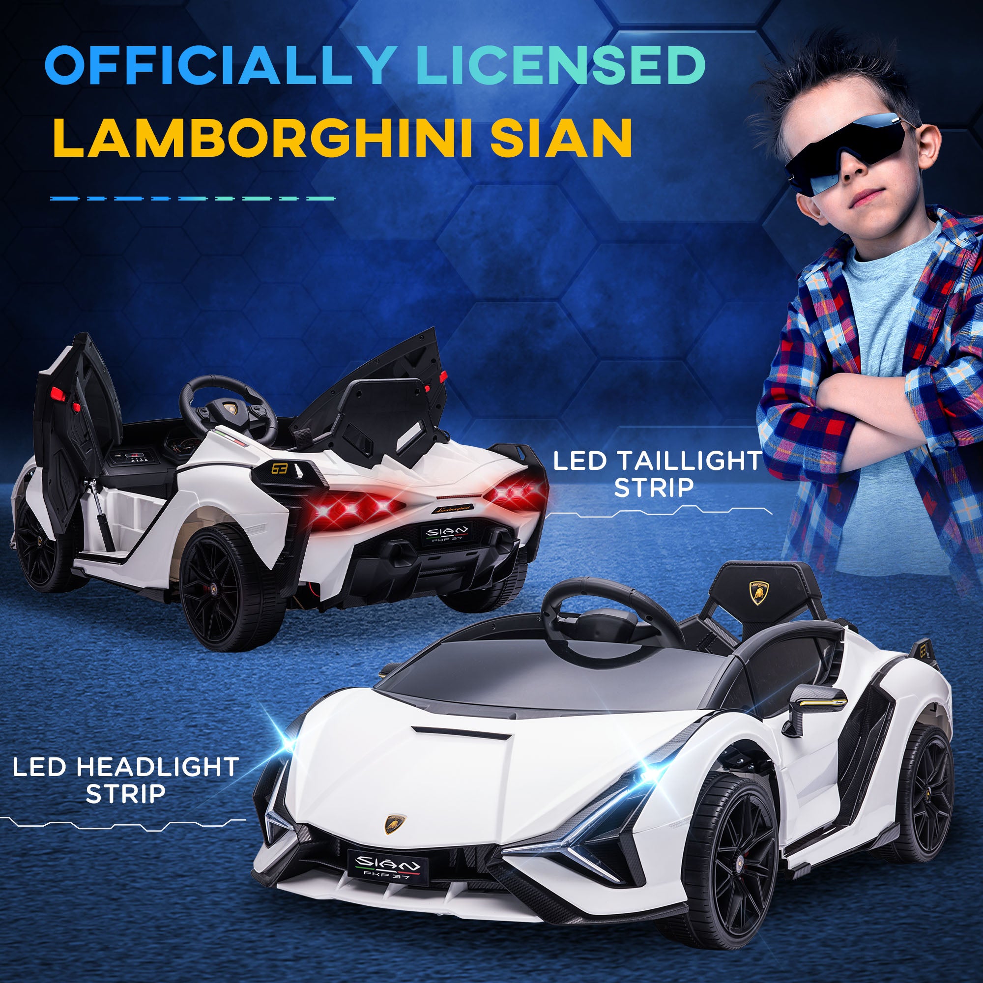 HOMCOM Lamborghini Sian Licensed 12V Kids Electric Ride On Car 2 Motors Toy Car with Remote Control Music Lights MP3 for 3-5 Years White - North Peak Garden Furniture