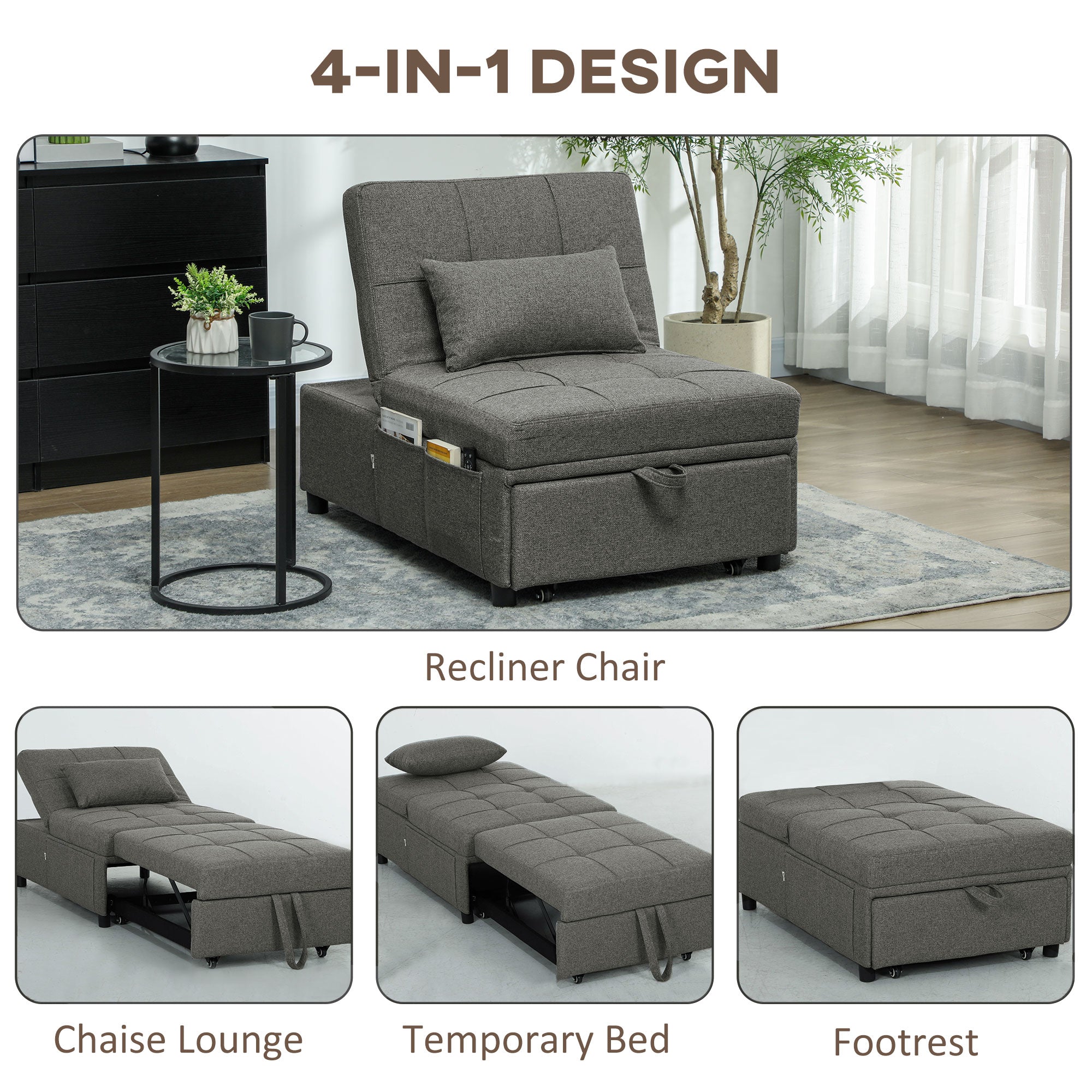 HOMCOM Four-In-One Single Sleeper Chair - Dark Grey - North Peak Garden Furniture