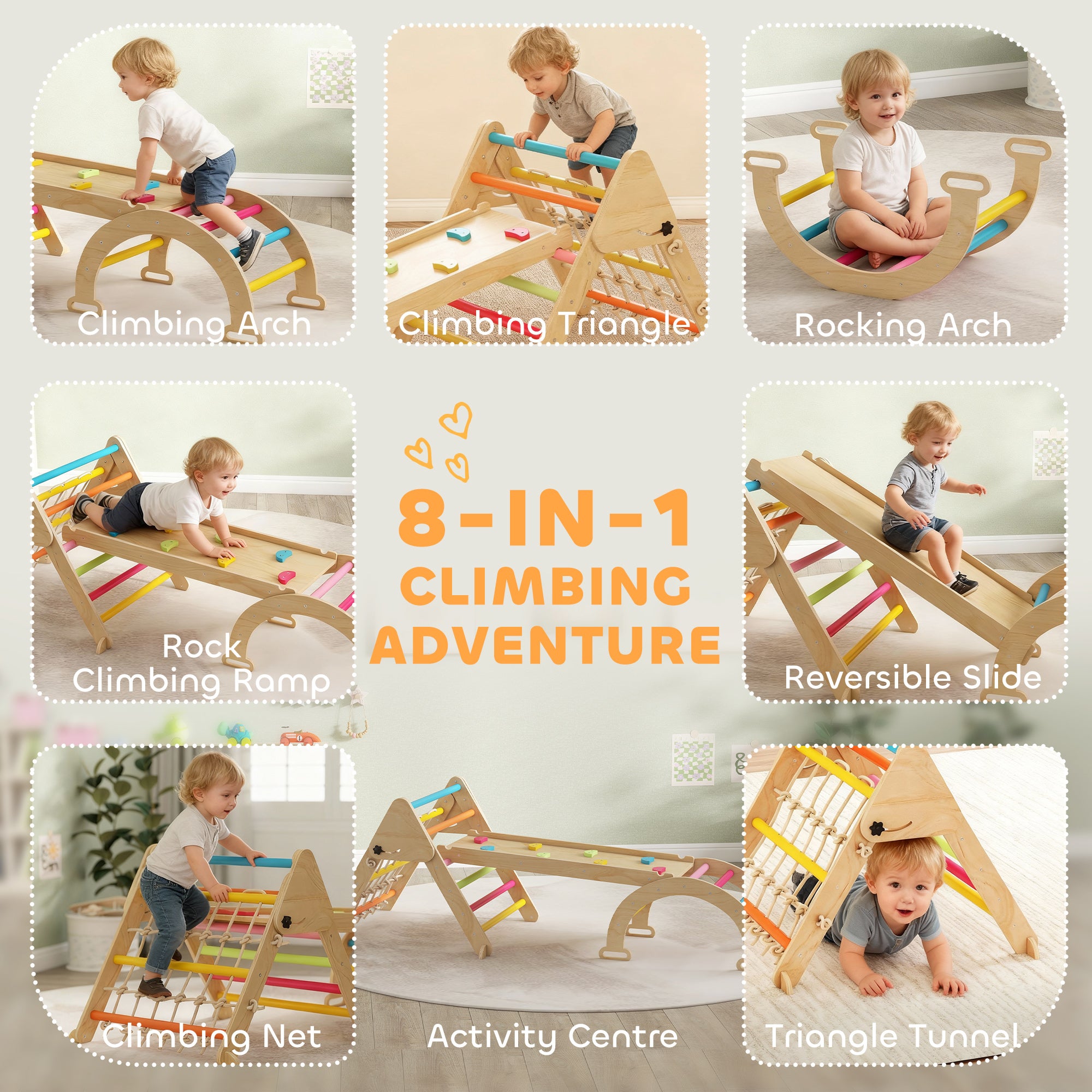 AIYAPLAY 8-in-1 Toddler Climbing Frame, Indoor Play Triangle Set with Slide, Arch and Triangle Ladder, Multicolour