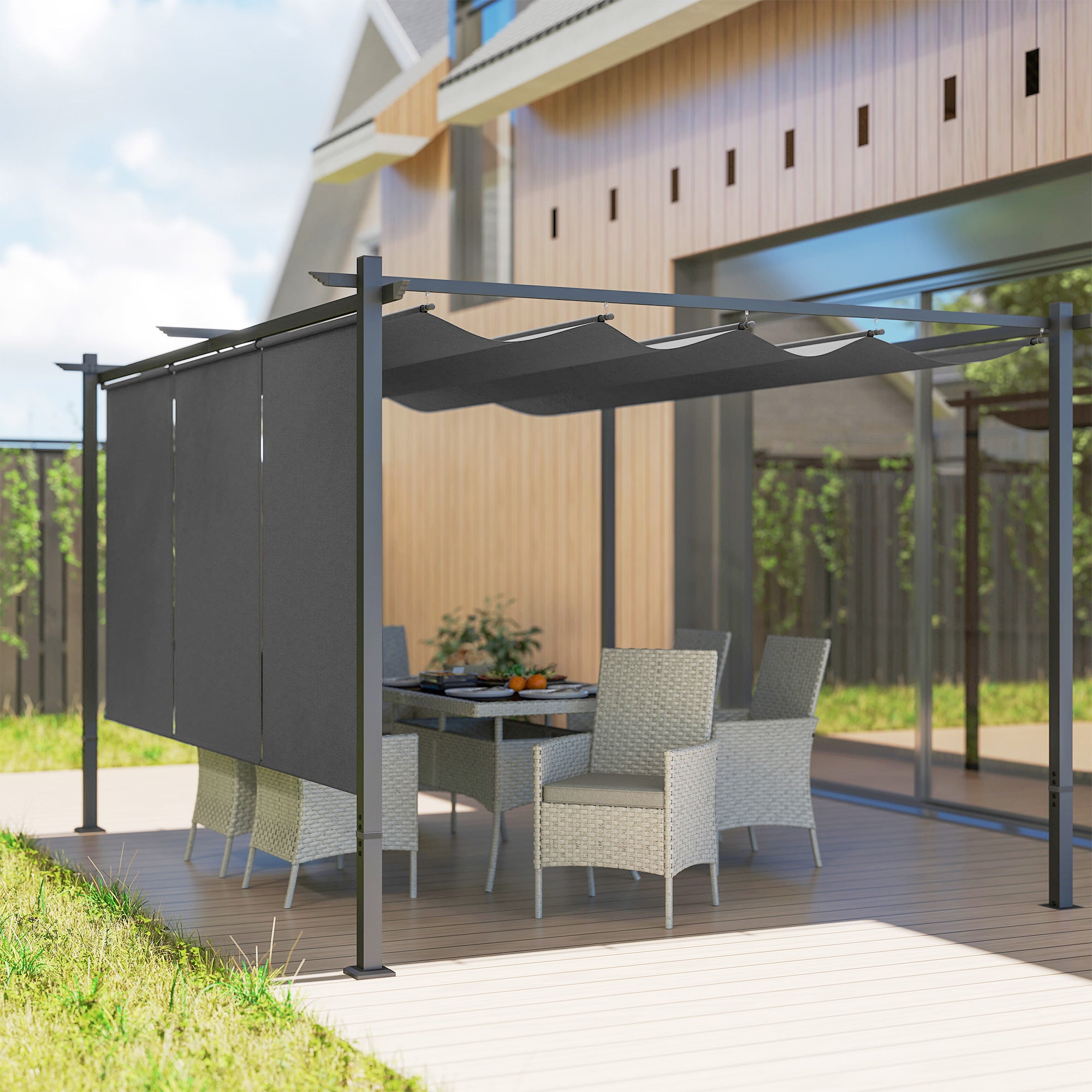 Outsunny 3 x 4m Metal Pergola with Retractable Roof and Roller Shade, Wall-Mounted or Free Standing Garden Gazebo Canopy Pergola Kit, UPF30+ Outdoor Sun Shade Shelter, Grey - North Peak Garden Furniture