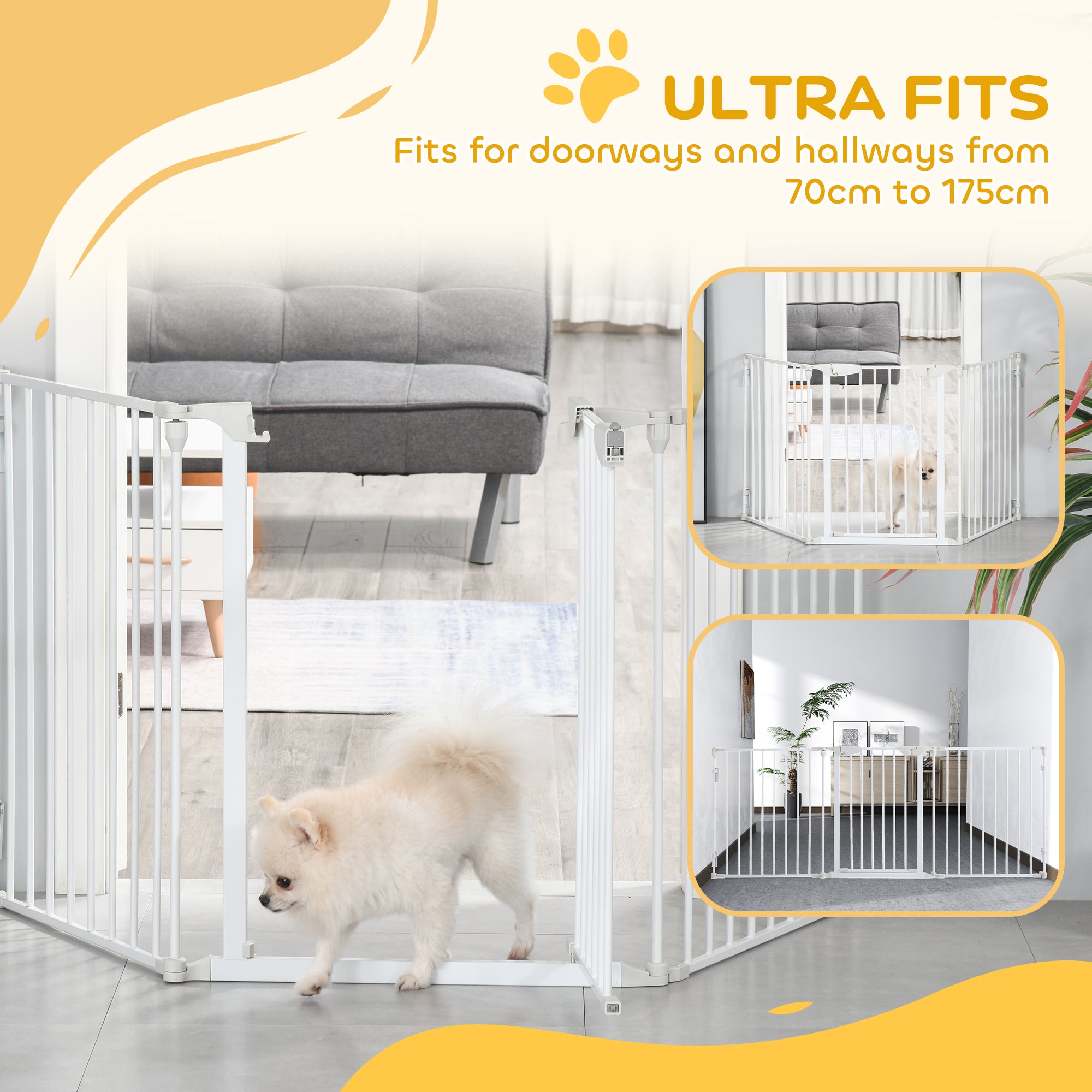 PawHut Pet Safety Gate, 3 Panels Playpen Fireplace, Metal Fence, Stair Barrier, Room Divider w/ Walk-Through Door - White - North Peak Garden Furniture