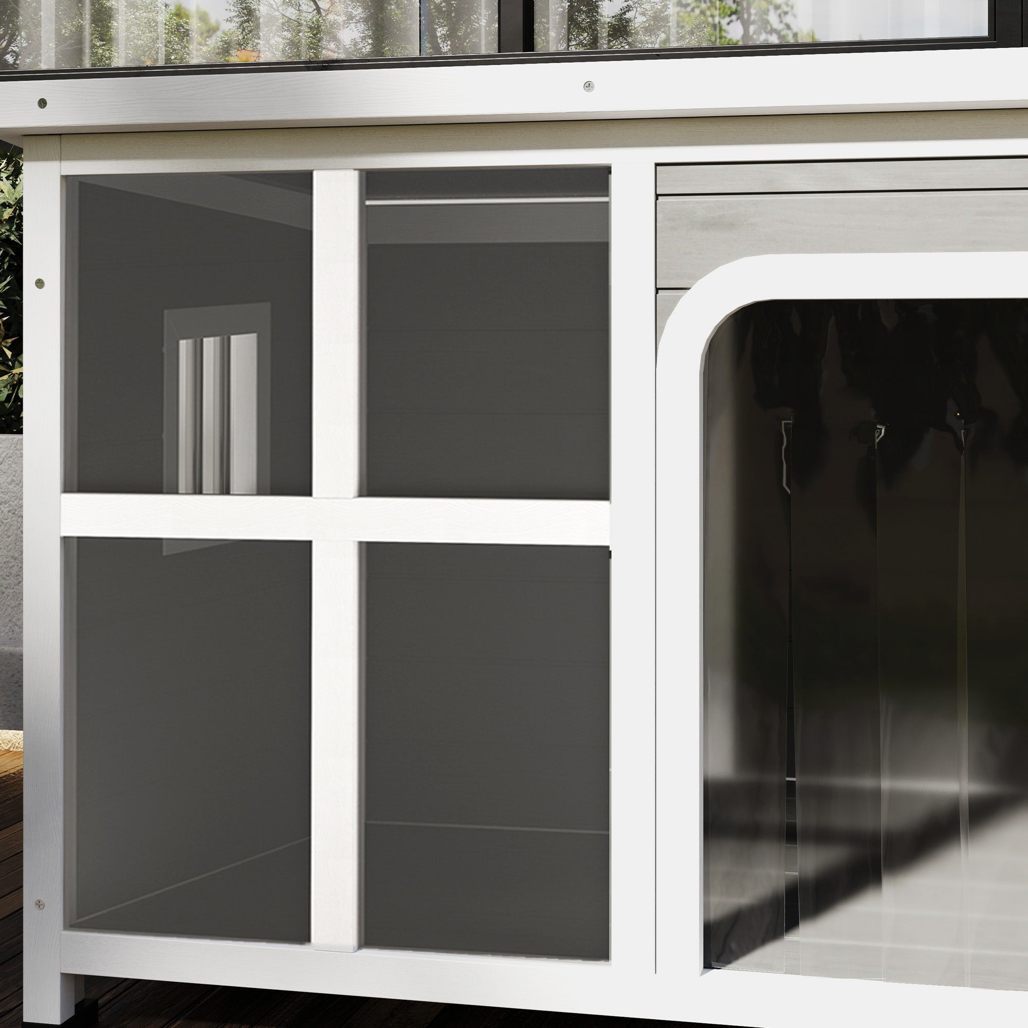 PawHut Wooden Dog House Outdoor with Asphalt Openable Top, Removable Floor, Clear Front Panel, Curtain, 90 x 62 x 71cm - North Peak Garden Furniture