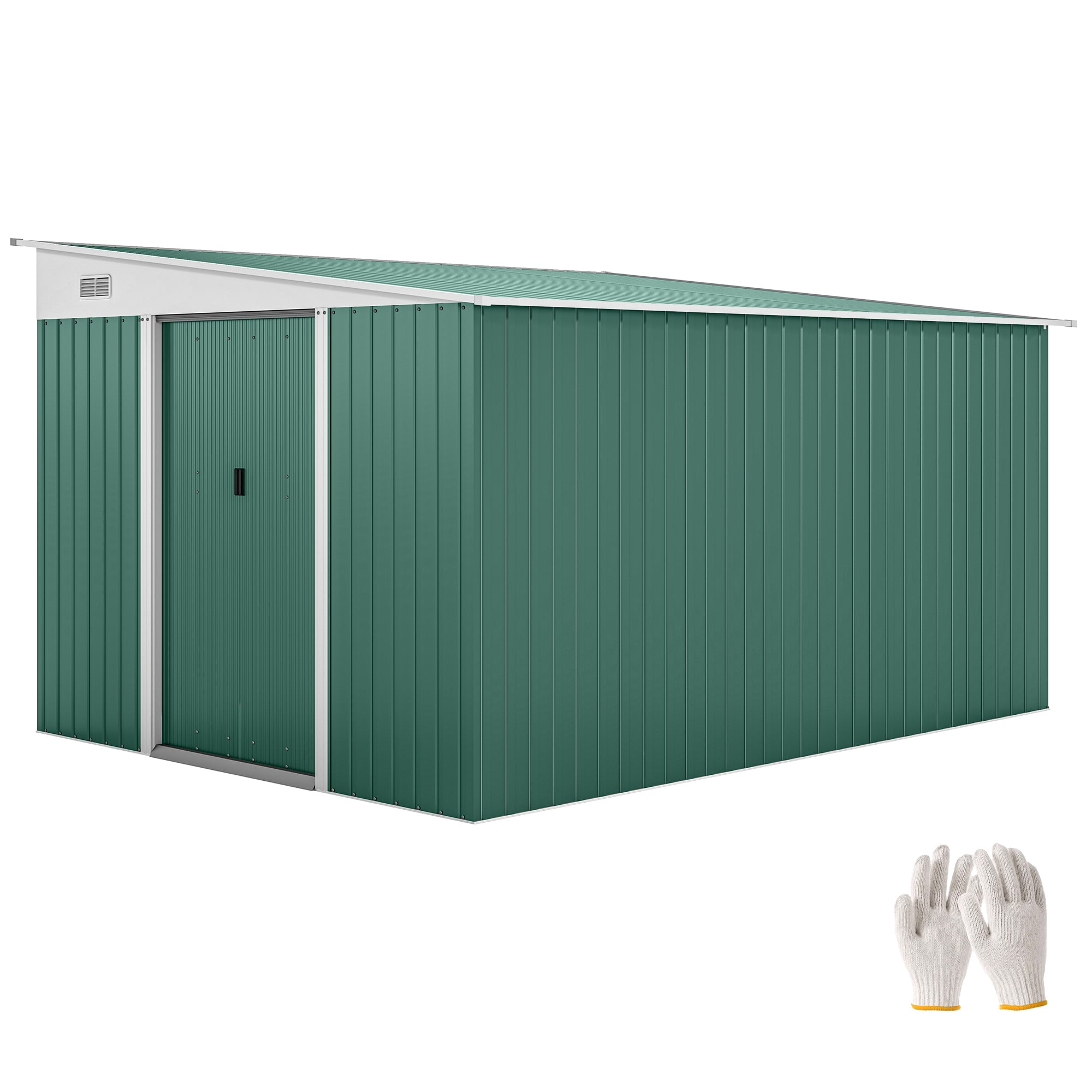 Outsunny Garden Metal Storage Shed Outdoor Metal Tool House with Double Sliding Doors and 2 Air Vents, 11.3x9.2ft, Green - North Peak Garden Furniture