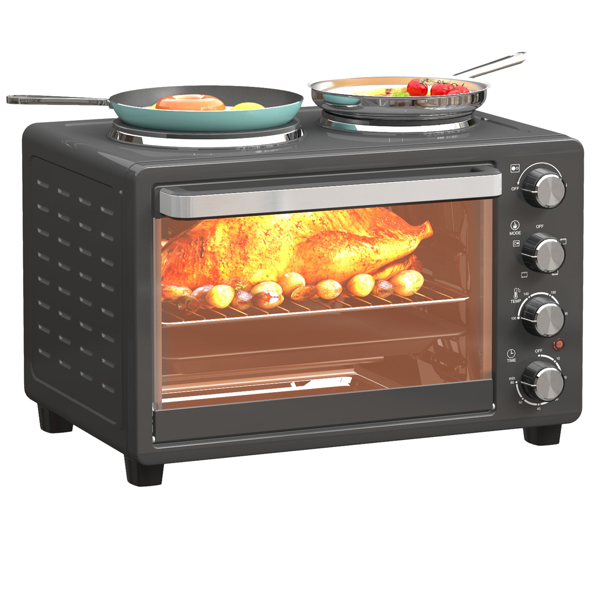 HOMCOM 28L Mini Oven with 2 Hot Plates, Countertop Toaster Oven, Grill, Roast, Bake, Boil, with Timer, Adjustable Temperature, Electric Oven with Baking Tray, Grill Rack, Crumb Tray, 2600W, Black - North Peak Garden Furniture