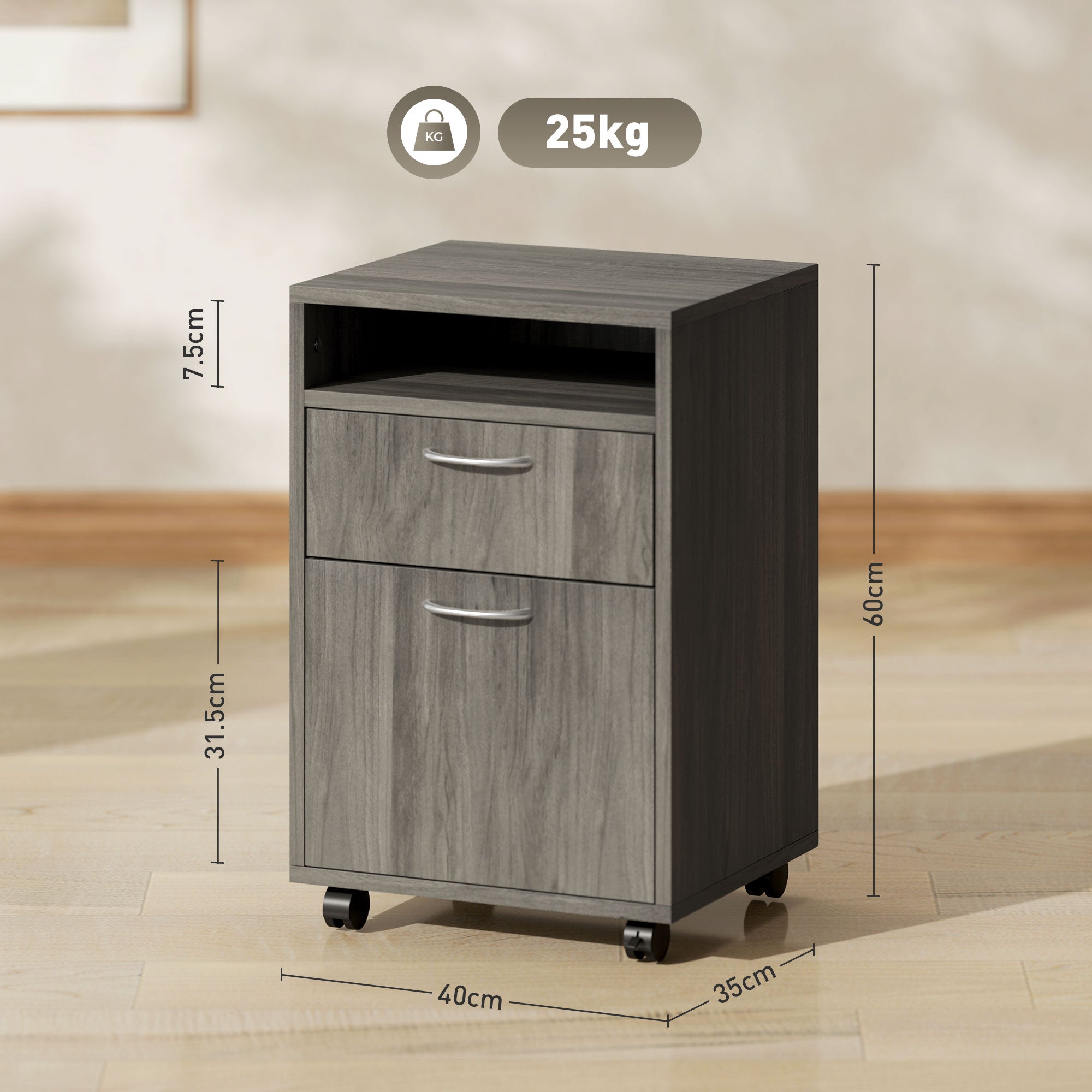 HOMCOM 60cm Filing Cabinet with Drawer, Open Shelf, Metal Handles and 4 Wheels, Office Home Organiser Mobile Printer, Grey - North Peak Garden Furniture