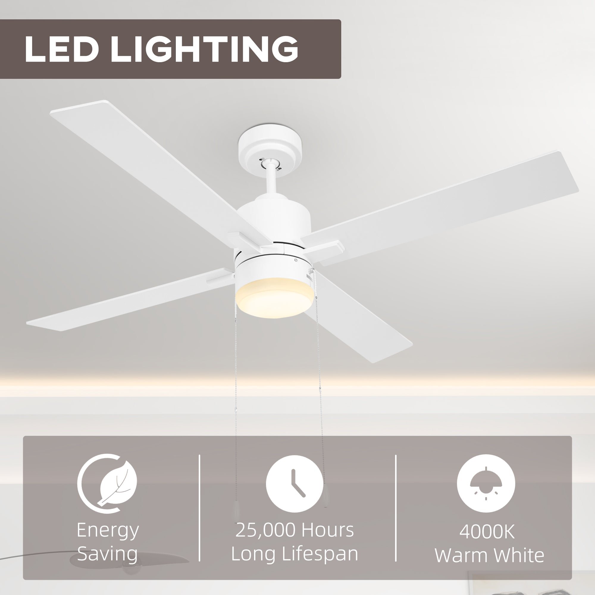 HOMCOM Ceiling Fan with LED Light, Flush Mount Ceiling Fan Lights with Reversible Blades, Pull-chain, White and Natural Tone - North Peak Garden Furniture