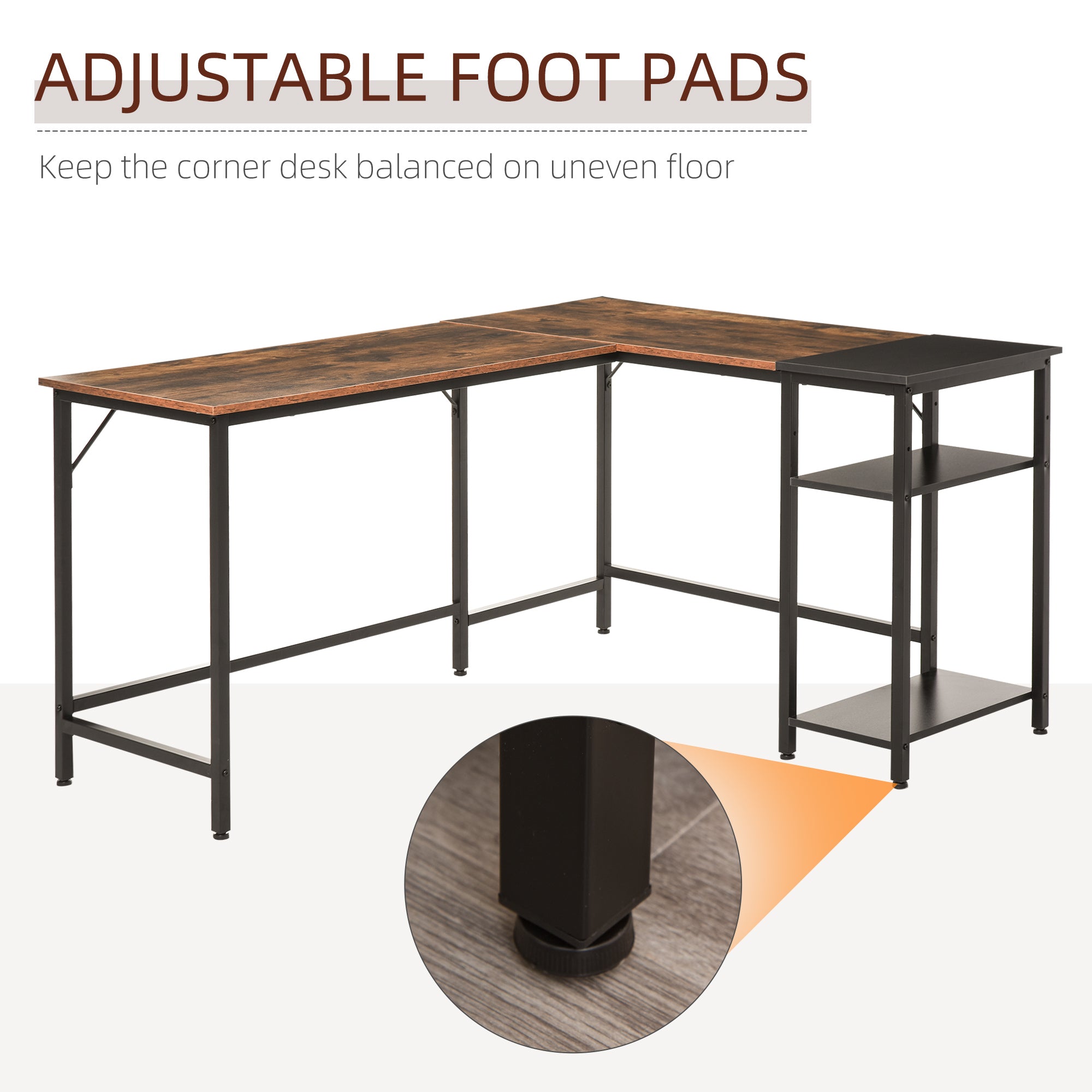 HOMCOM L-Shaped Computer Desk Industrial Corner Writing Desk with Adjustable Storage Shelf Space-Saving Home Office Workstation 150 x 120 x 75 cm Rustic Brown - North Peak Garden Furniture