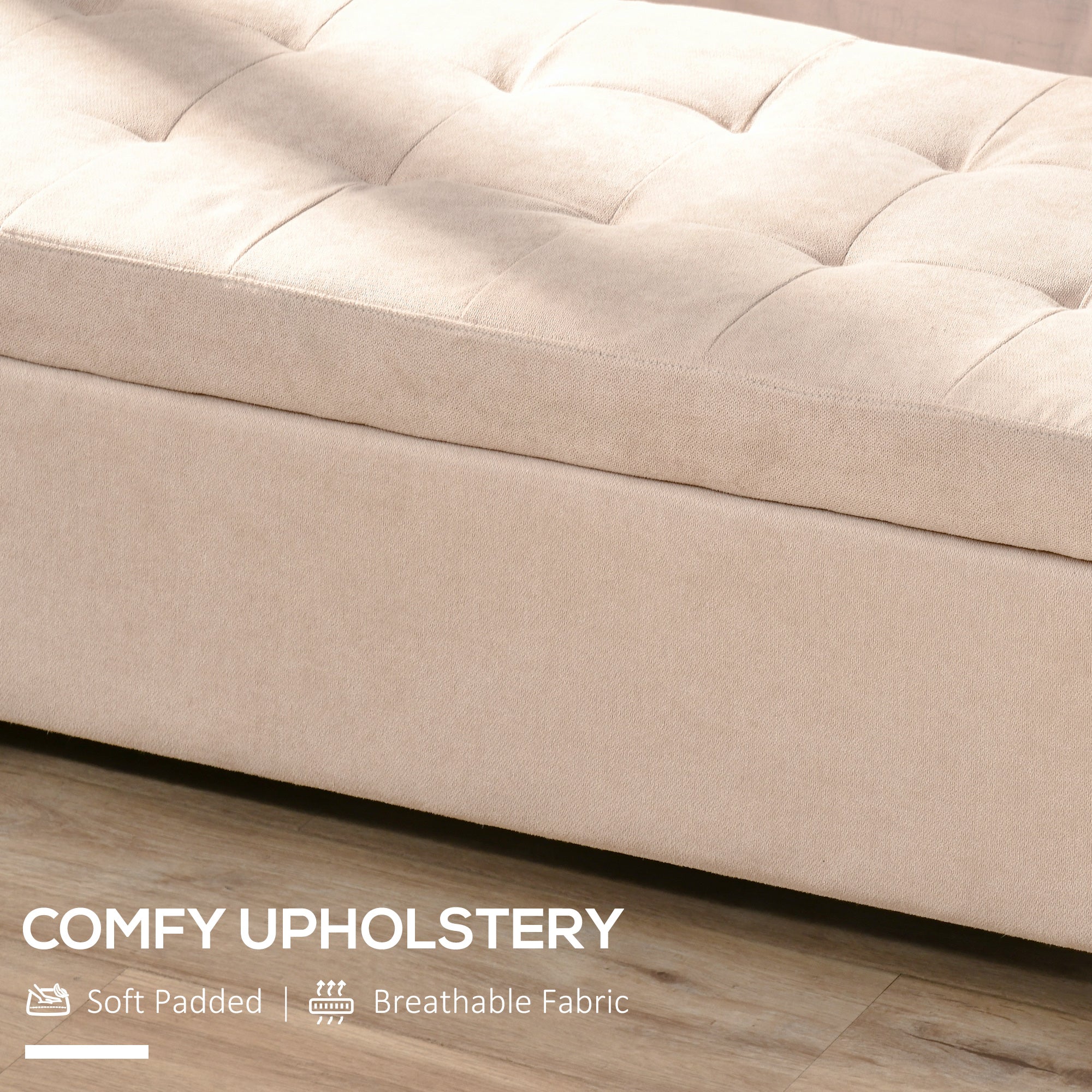 HOMCOM Linen Storage Ottoman, End of Bed Bench, Padded Footrest Seat with Tufting Design, Hinged Lid and Wood Frame 125L x 49W x 41.5H cm Beige - North Peak Garden Furniture