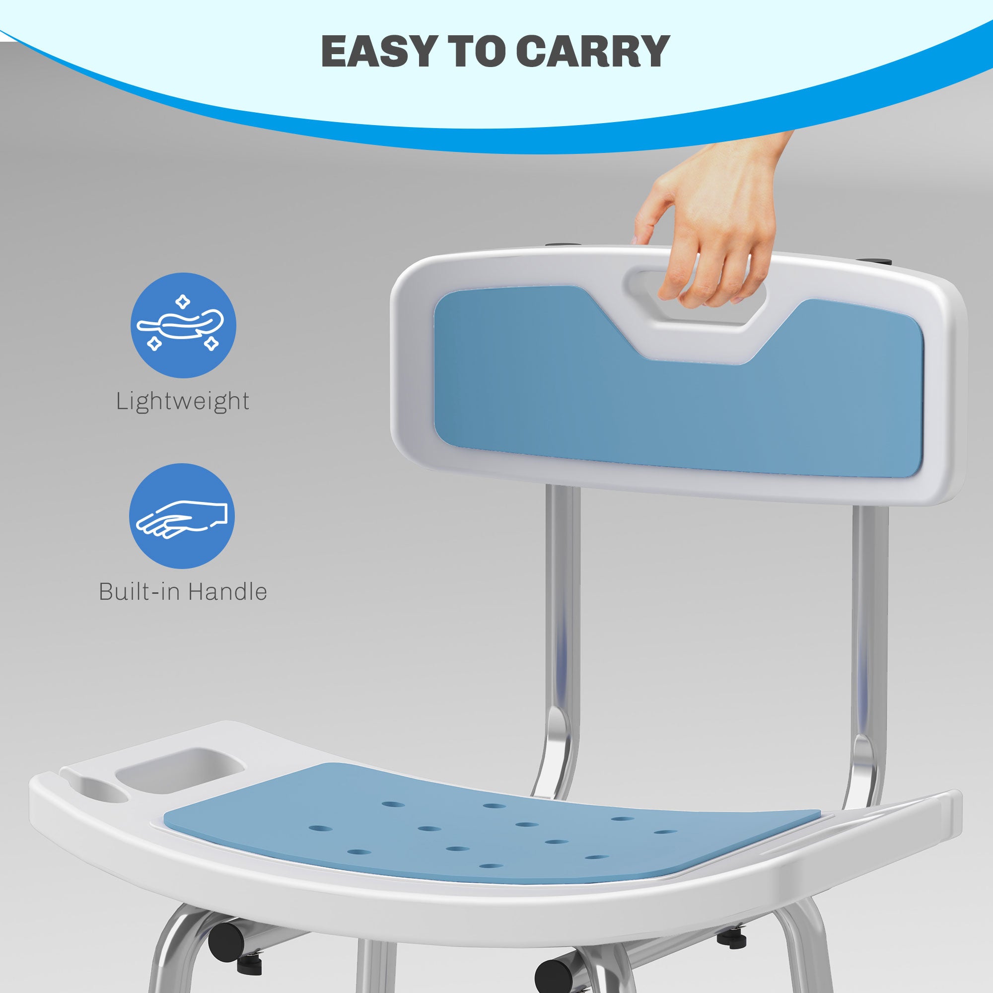 HOMCOM Shower Stool with Backrest, Height Adjustable Shower Chair with Anti-slip Foot Pads, Shower Head Holder, Light Blue