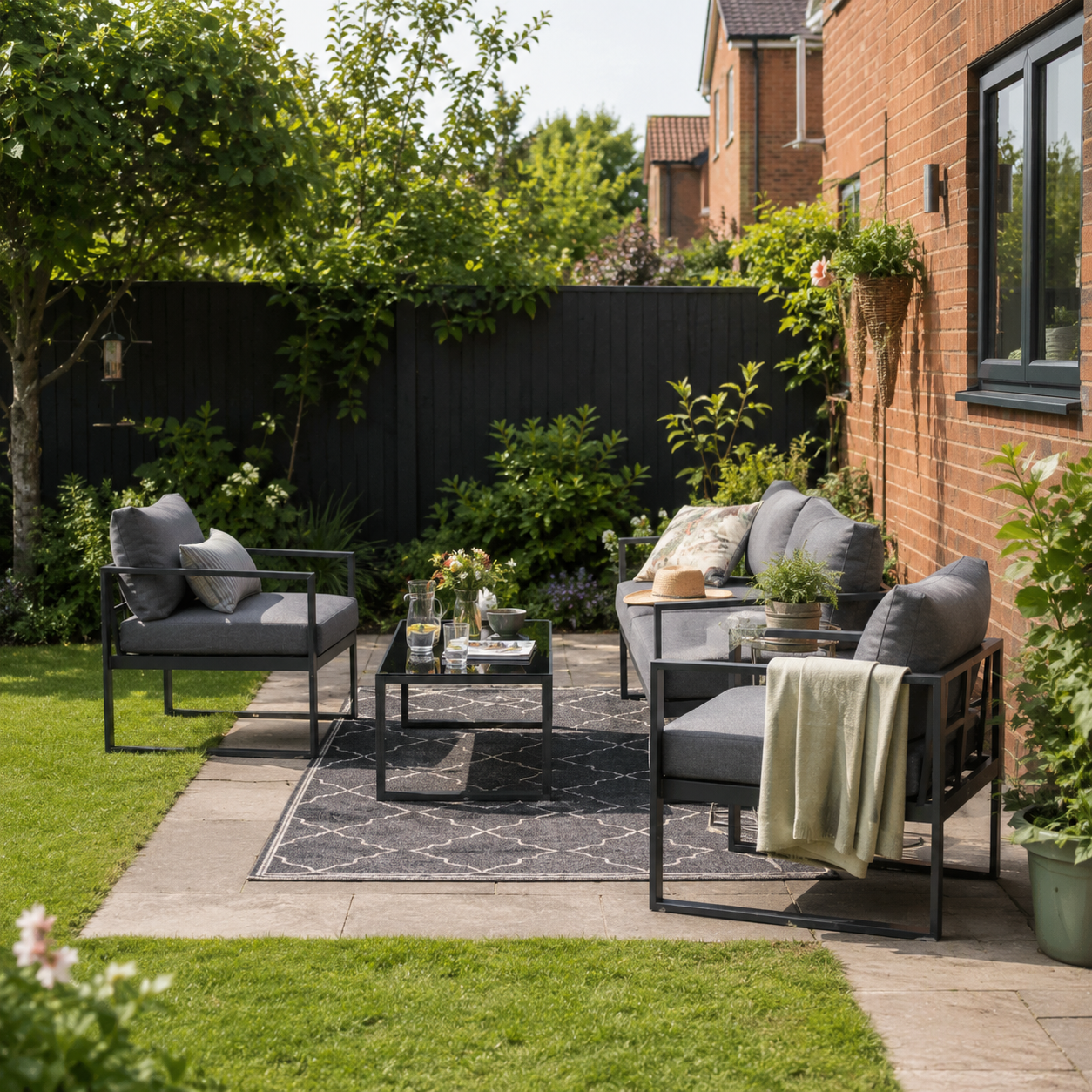 Outsunny 4 Pieces Garden Sofa Set 2 Single Armchair 1 Bench & Side Table Set Aluminium Frame Patio Furniture with Cushions Grey