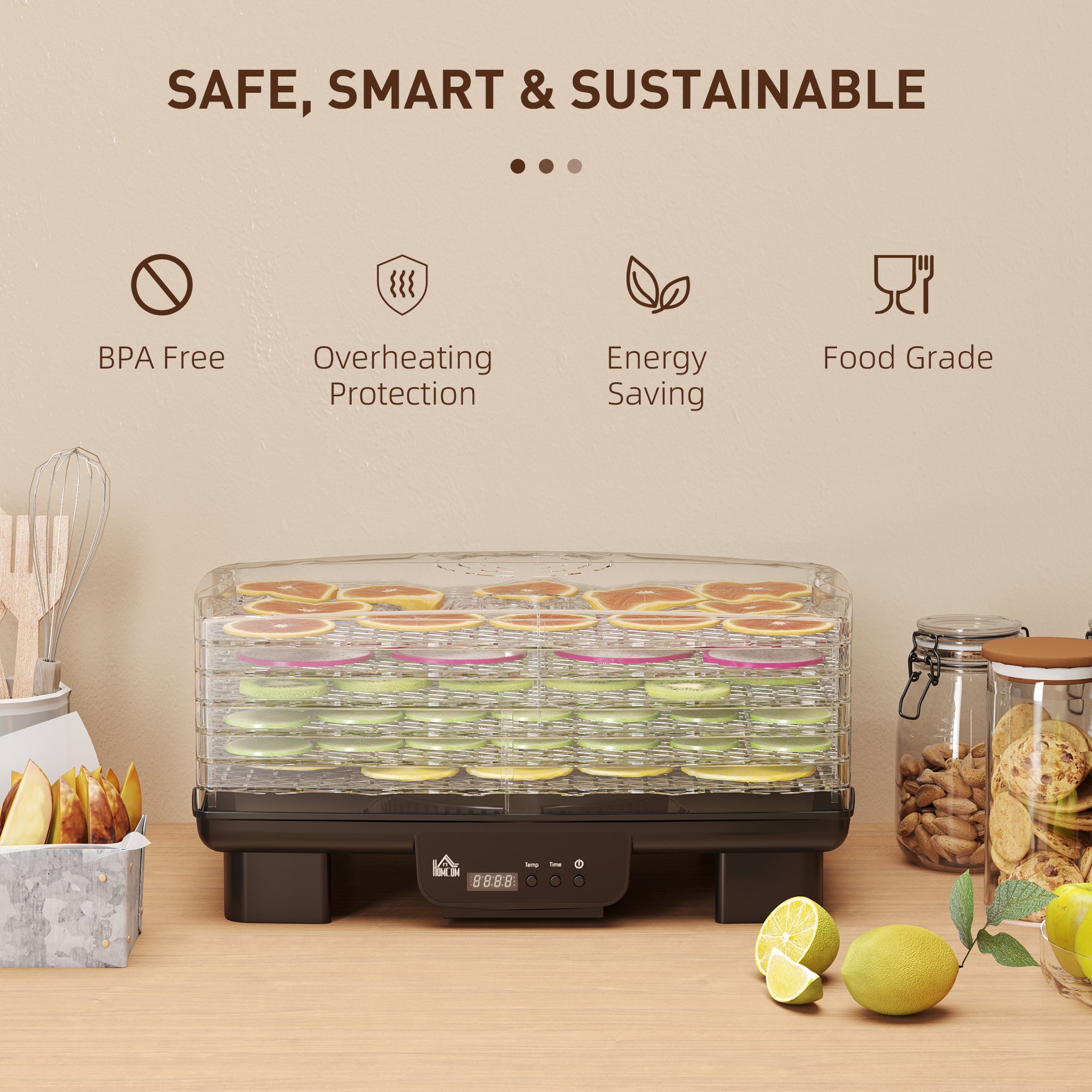 HOMCOM 6 Tray Food Dehydrator, 550W Food Dryer Machine with Adjustable Temperature, 48H Timer, for Drying Fruit, Meat, Vegetable, Jerky and Pet Treat, Black - North Peak Garden Furniture