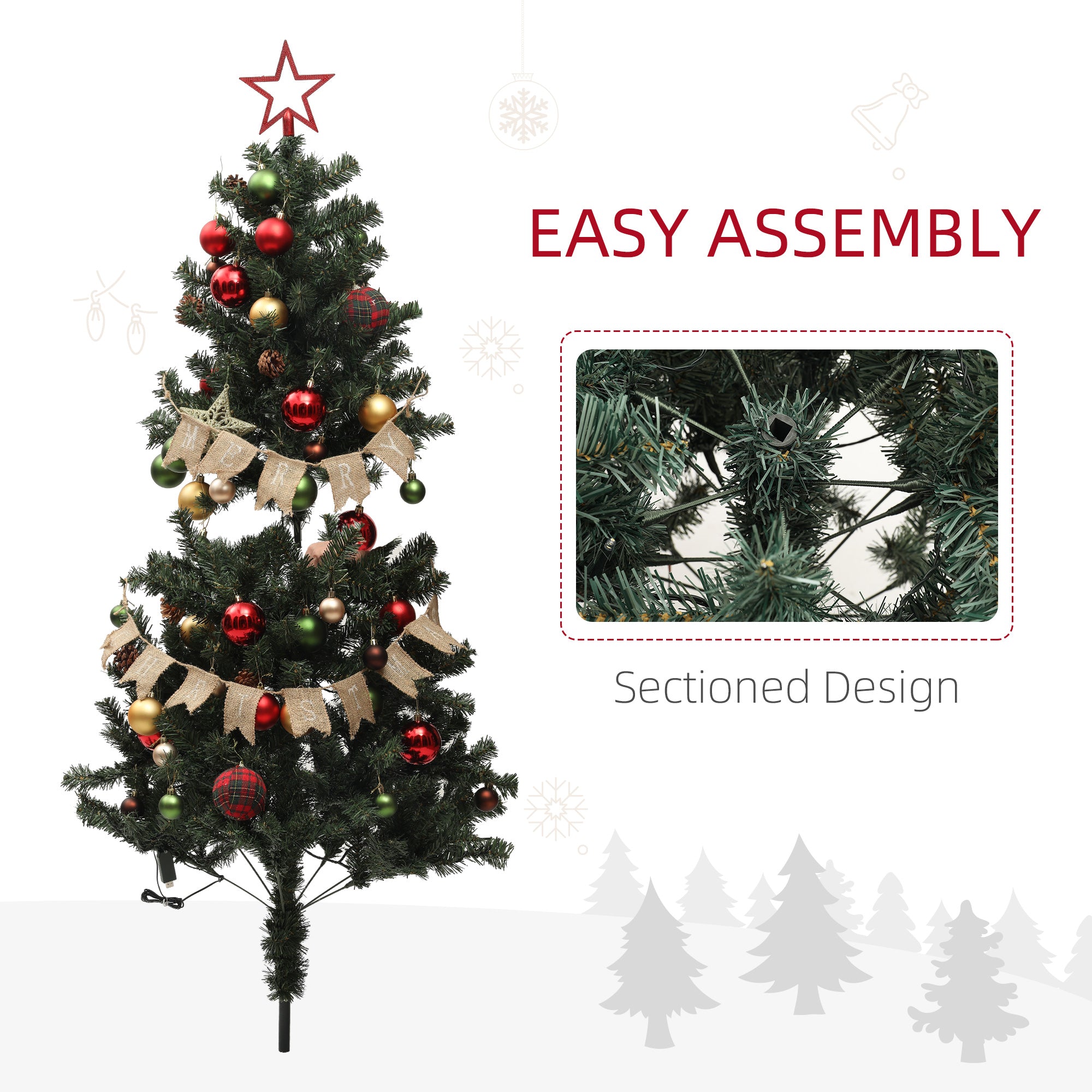 HOMCOM 5ft Pre-Lit and Xmas Tree with Decorations