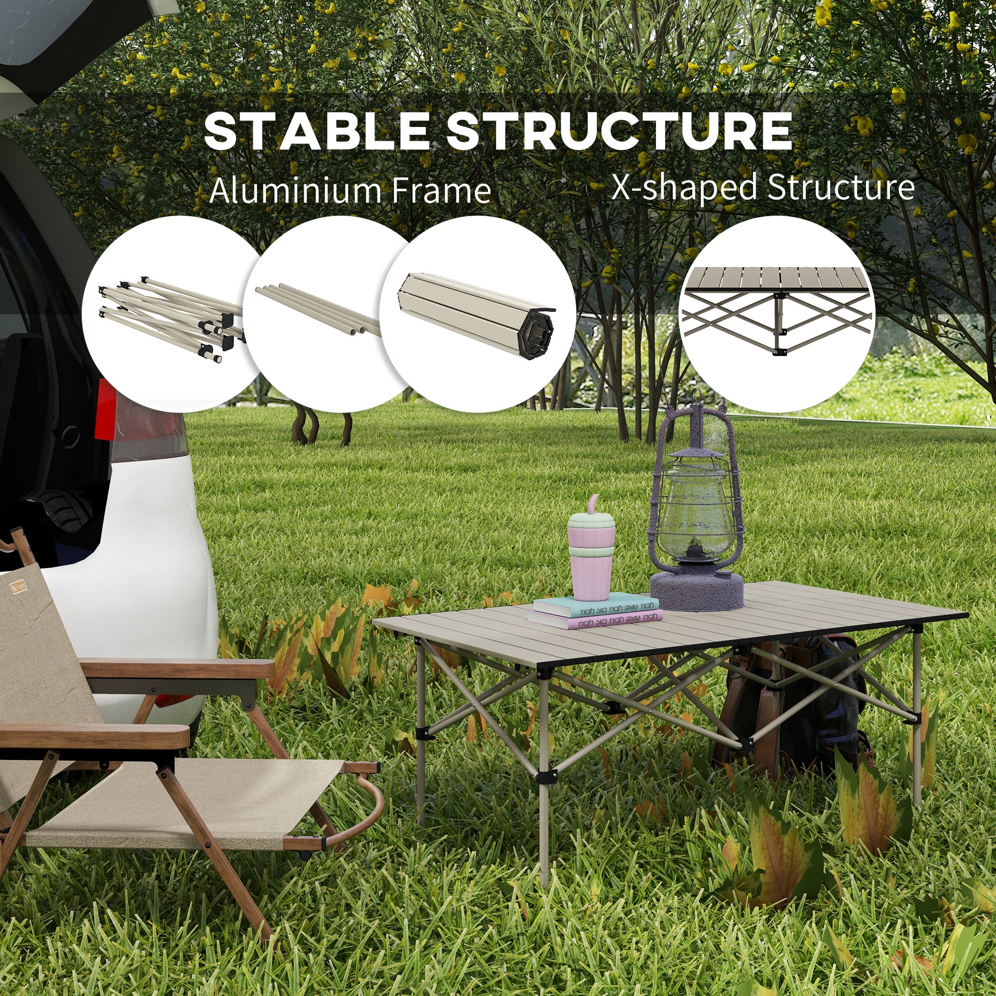 Outsunny Two-Seater Portable Aluminium Table, with Roll-Up Tabletop and Bag - Khaki - North Peak Garden Furniture